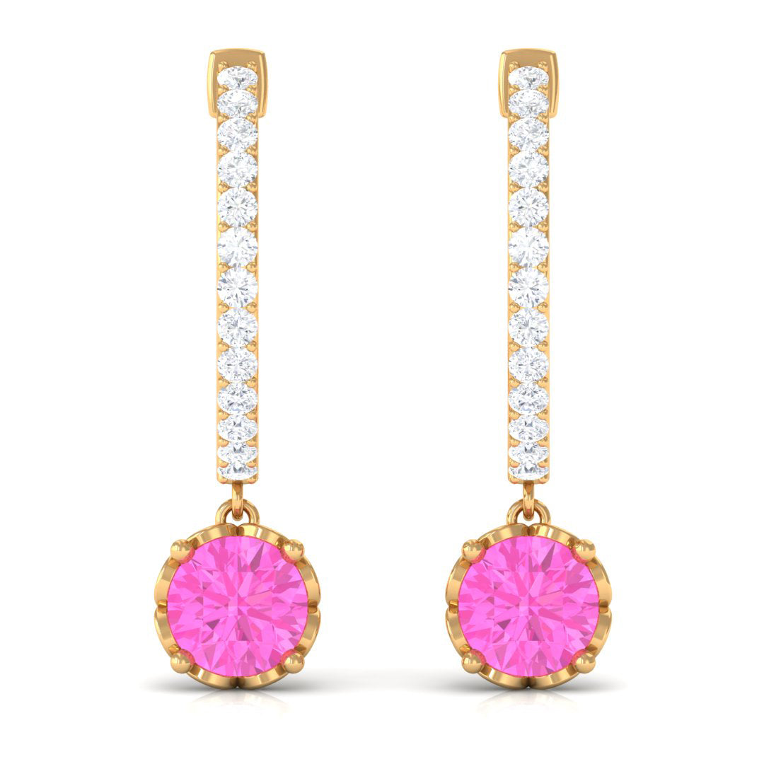 Round Pink Sapphire Hoop Drop Earrings with Diamond Pink Sapphire - ( AAA ) - Quality - Rosec Jewels