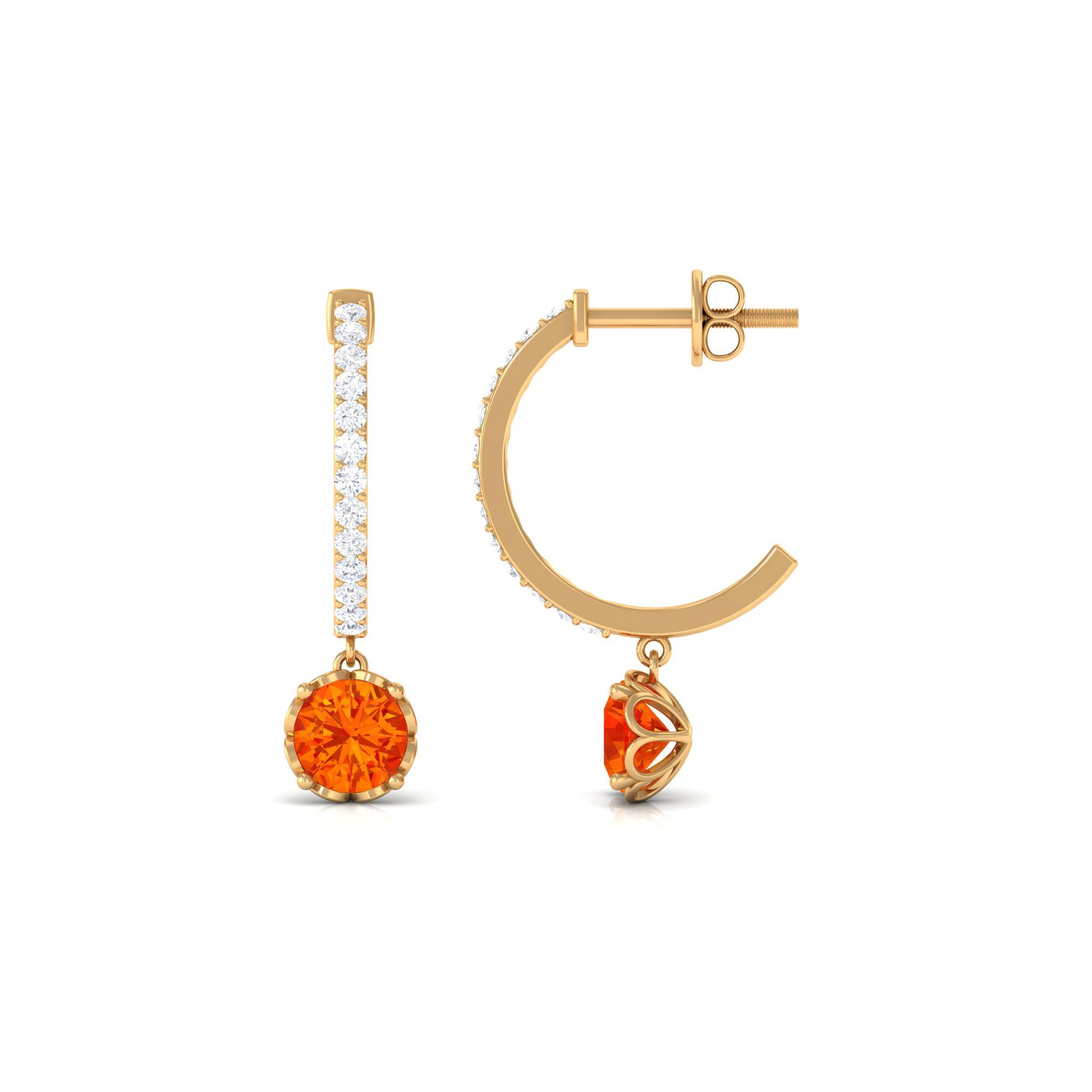 Round Orange Sapphire Hoop Drop Earrings with Diamond Orange Sapphire - ( AAA ) - Quality - Rosec Jewels