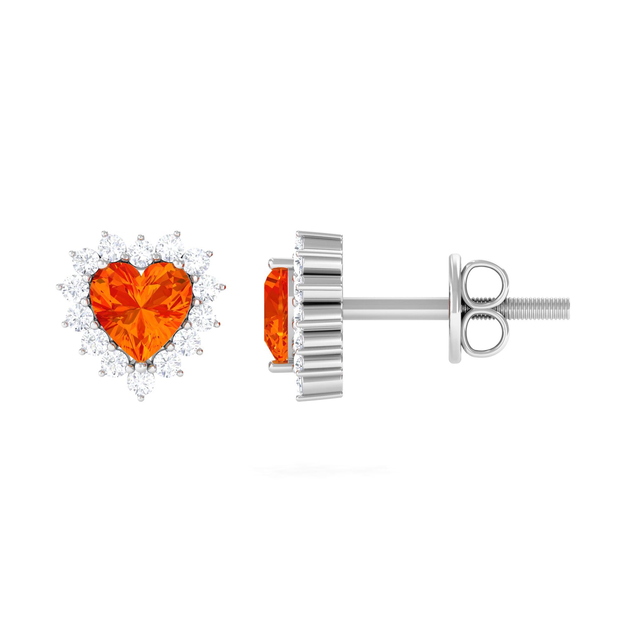 Lab Grown Orange Sapphire Heart Earrings with Diamond Lab Created Orange Sapphire - ( AAAA ) - Quality - Rosec Jewels