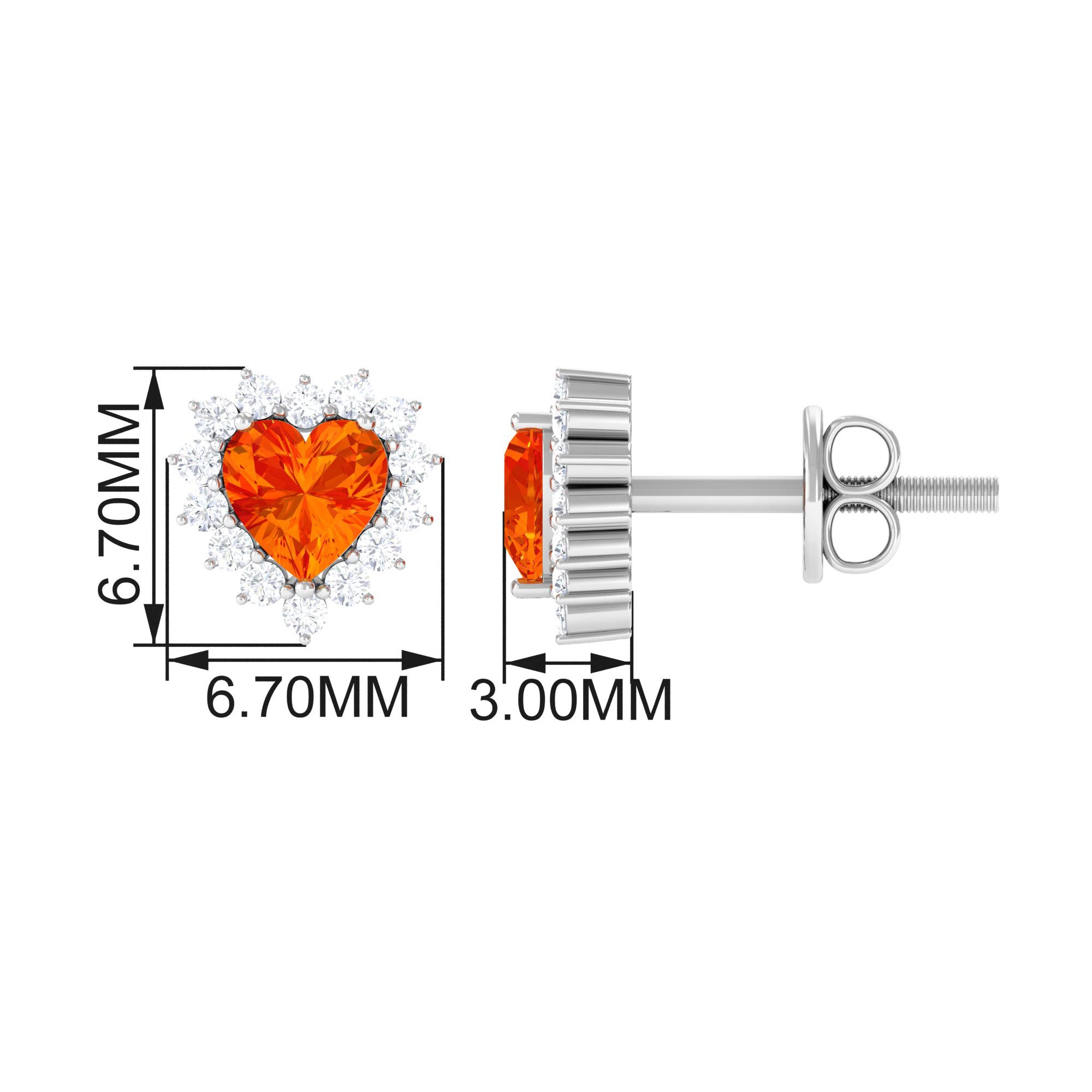 Lab Grown Orange Sapphire Heart Earrings with Diamond Lab Created Orange Sapphire - ( AAAA ) - Quality - Rosec Jewels