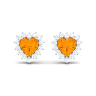 Minimal Heart Shape Fire Opal Halo Stud Earrings with Diamond Fire Opal - ( AAA ) - Quality - Rosec Jewels