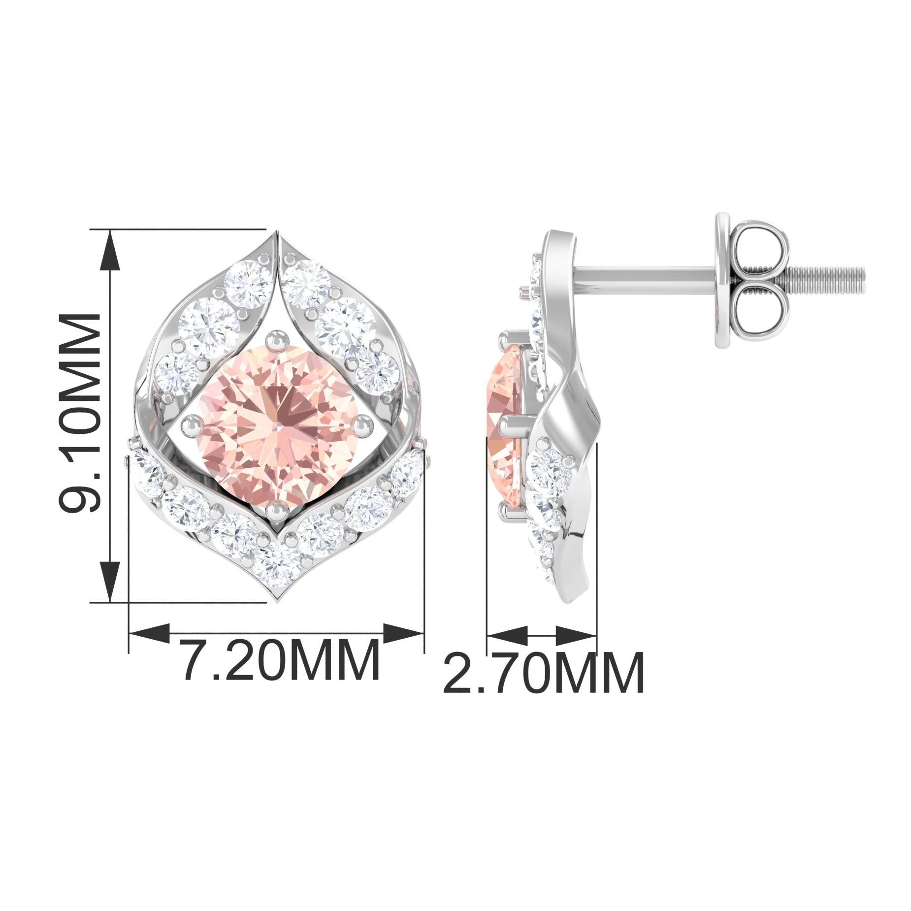 Dainty Morganite Petal Stud Earrings with Diamond Morganite - ( AAA ) - Quality - Rosec Jewels