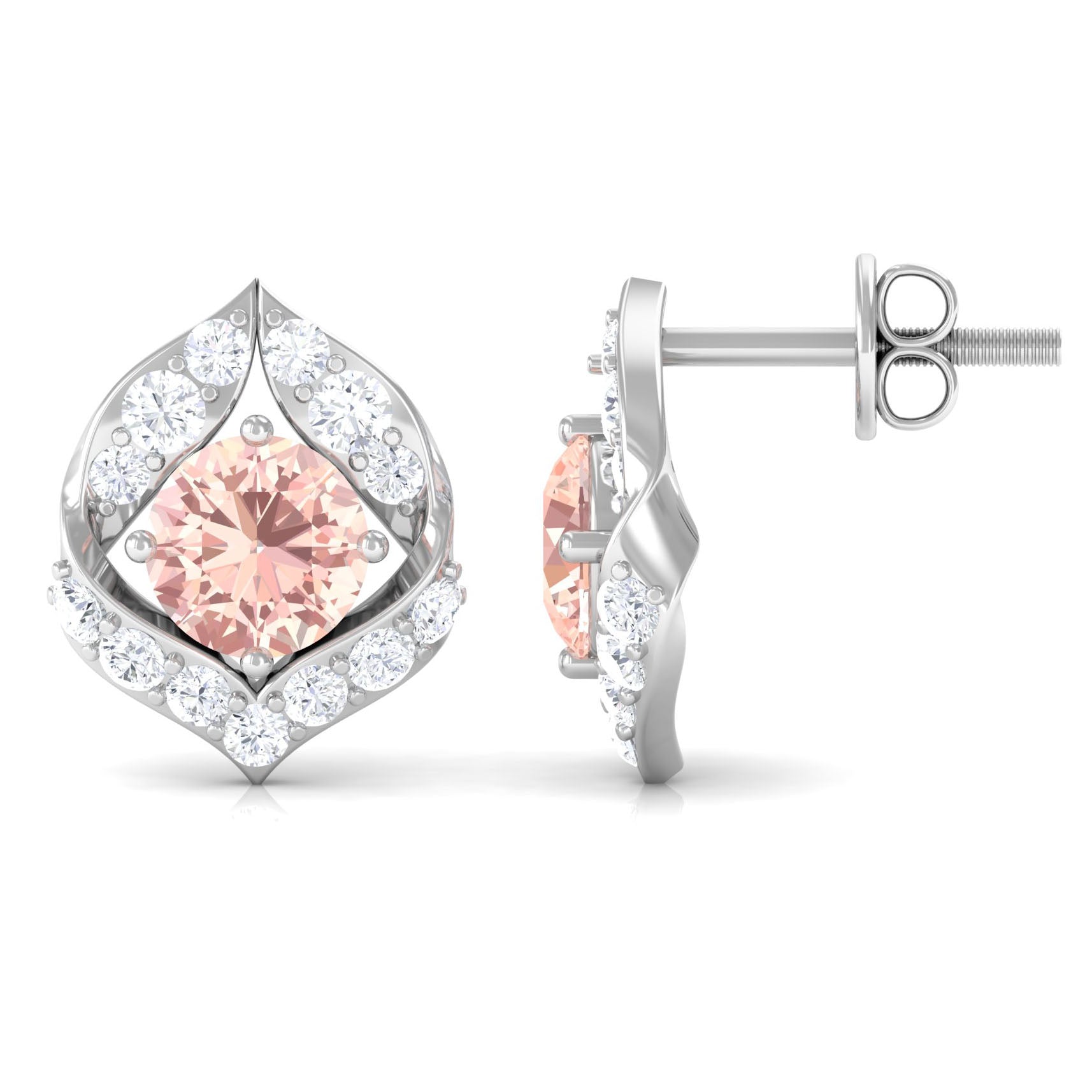 Dainty Morganite Petal Stud Earrings with Diamond Morganite - ( AAA ) - Quality - Rosec Jewels