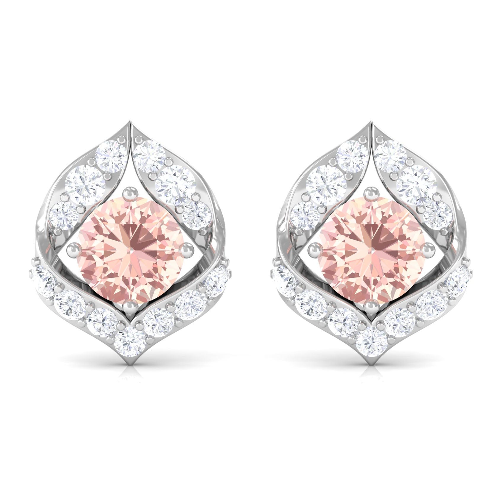 Dainty Morganite Petal Stud Earrings with Diamond Morganite - ( AAA ) - Quality - Rosec Jewels