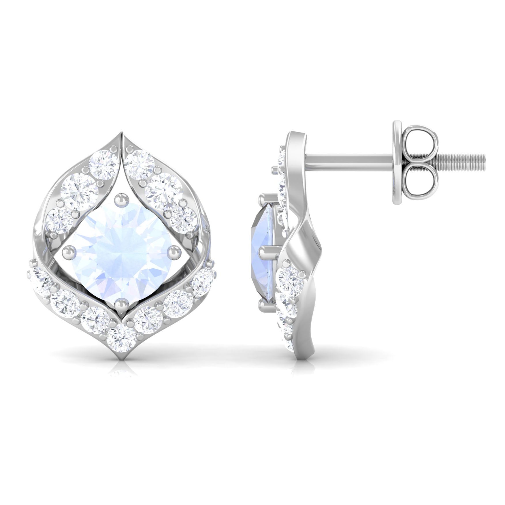 Dainty Moonstone and Diamond Petal Stud Earrings Moonstone - ( AAA ) - Quality - Rosec Jewels