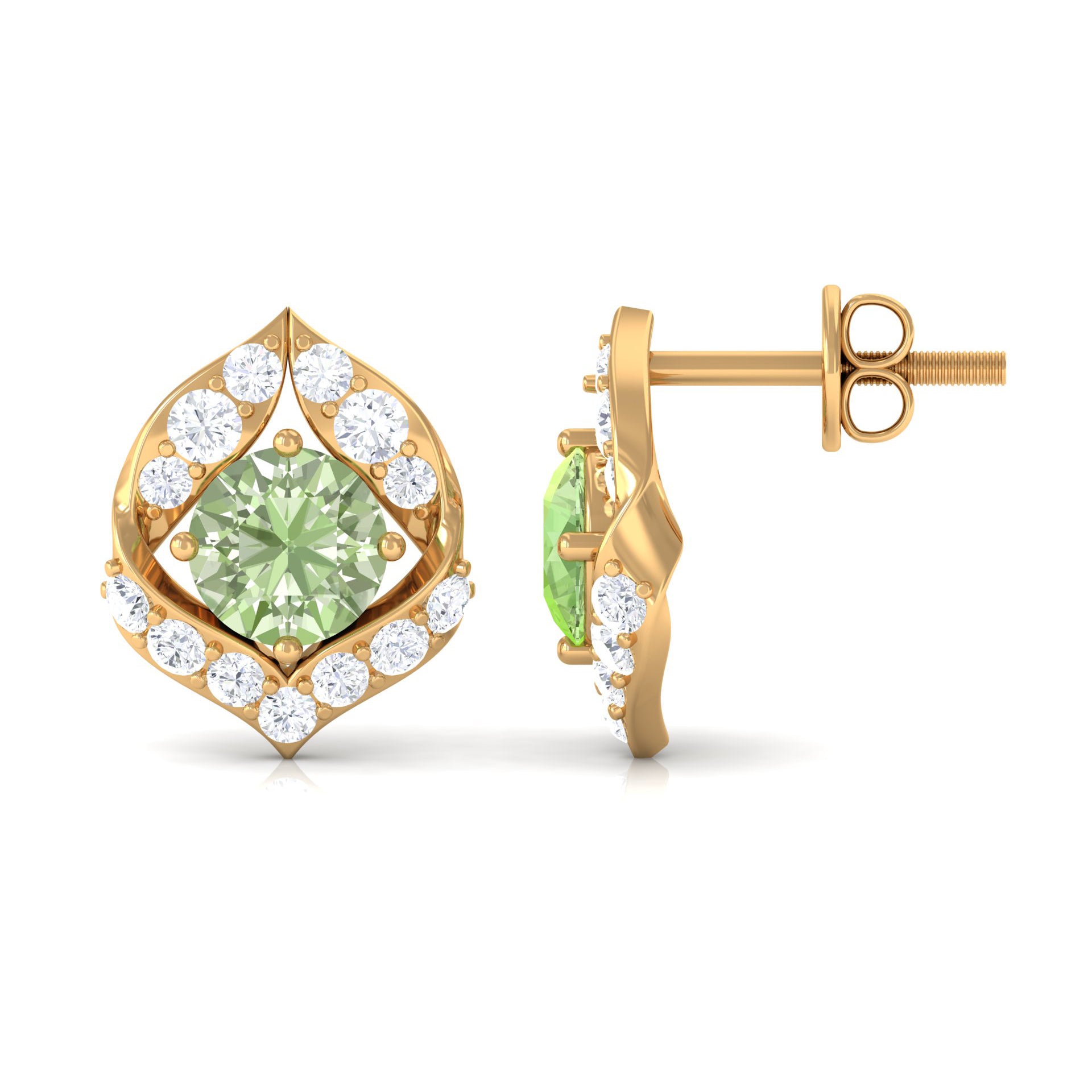 Dainty Green Sapphire and Diamond Petal Stud Earrings Green Sapphire - ( AAA ) - Quality - Rosec Jewels