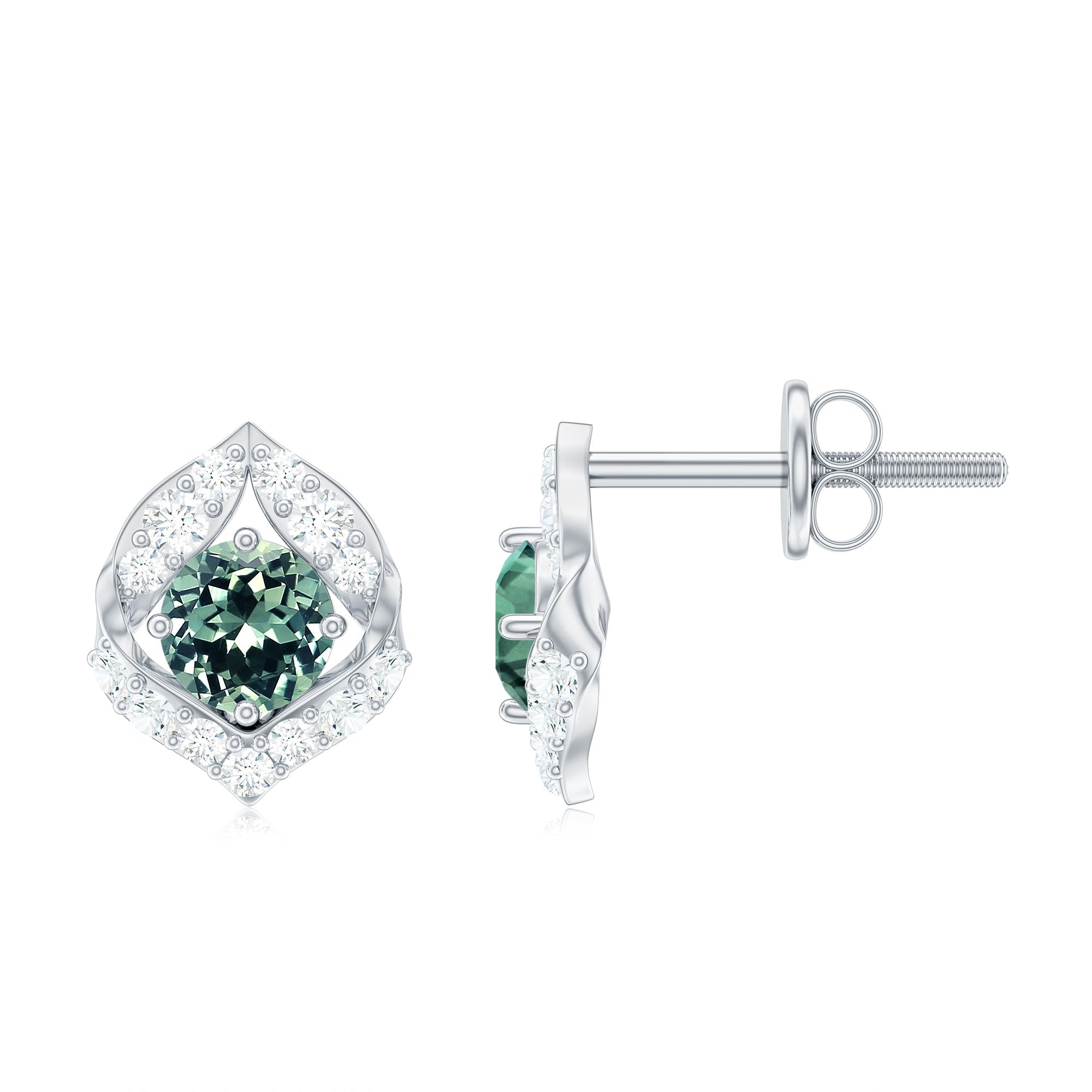 Lab Grown Green Sapphire Stud Earrings with Diamond Lab Created Green Sapphire - ( AAAA ) - Quality - Rosec Jewels