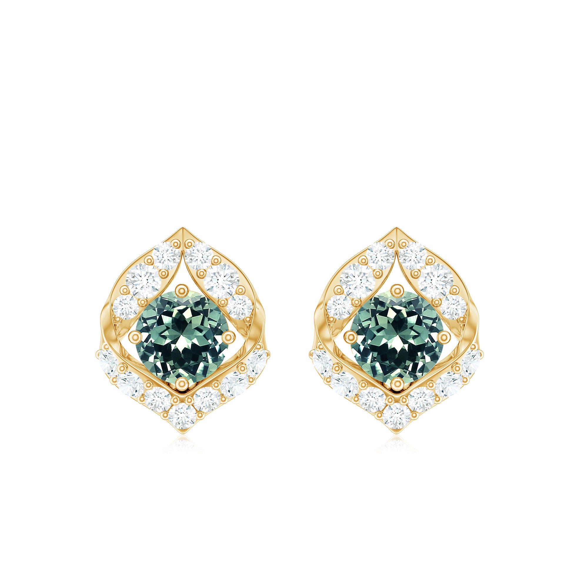 Lab Grown Green Sapphire Stud Earrings with Diamond Lab Created Green Sapphire - ( AAAA ) - Quality - Rosec Jewels