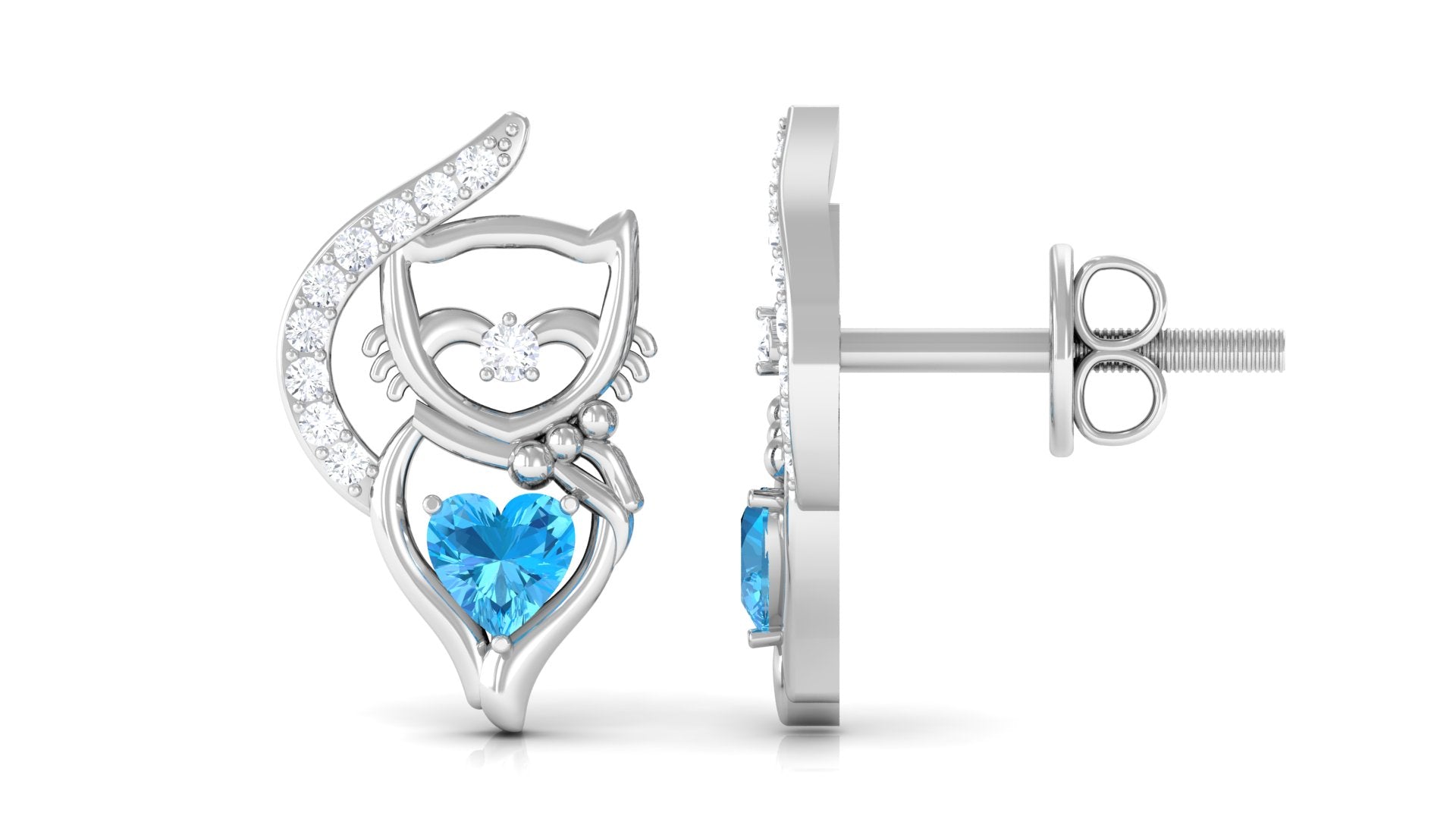 Real Swiss Blue Topaz Cat Earrings with Diamond Swiss Blue Topaz - ( AAA ) - Quality - Rosec Jewels