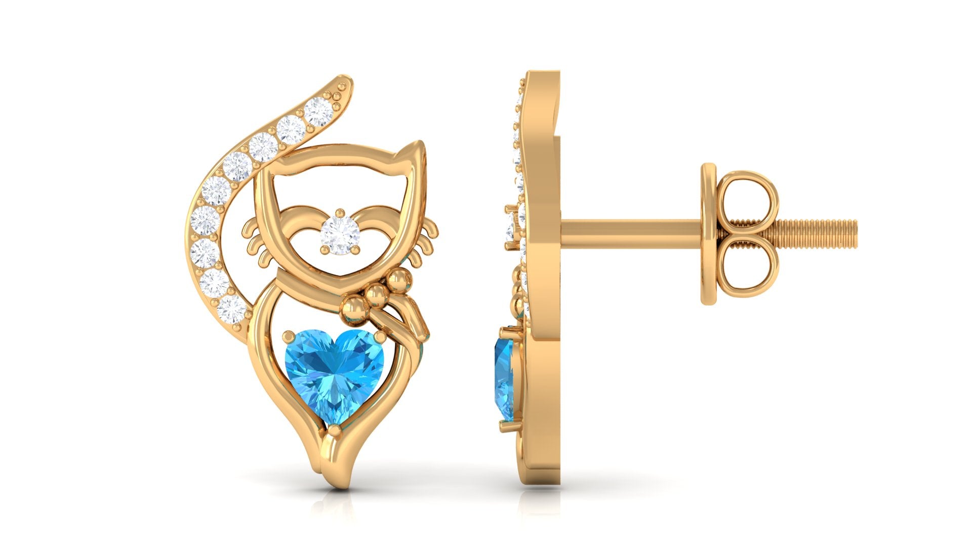 Real Swiss Blue Topaz Cat Earrings with Diamond Swiss Blue Topaz - ( AAA ) - Quality - Rosec Jewels