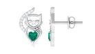 Cute Cat Stud Earrings with Emerald and Diamond Emerald - ( AAA ) - Quality - Rosec Jewels