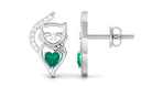 Cute Cat Stud Earrings with Emerald and Diamond Emerald - ( AAA ) - Quality - Rosec Jewels