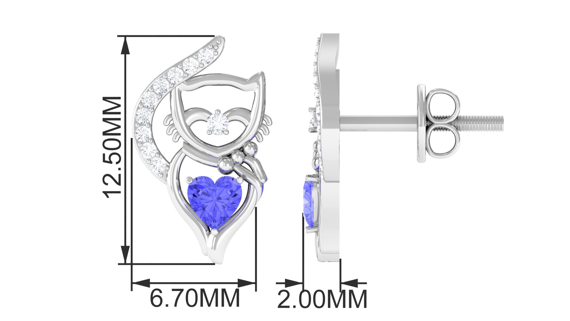 Cat Stud Earrings with Tanzanite and Diamond Tanzanite - ( AAA ) - Quality - Rosec Jewels