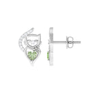 Heart Shape Green Sapphire Cute Cat Stud Earrings with Diamond Green Sapphire - ( AAA ) - Quality - Rosec Jewels