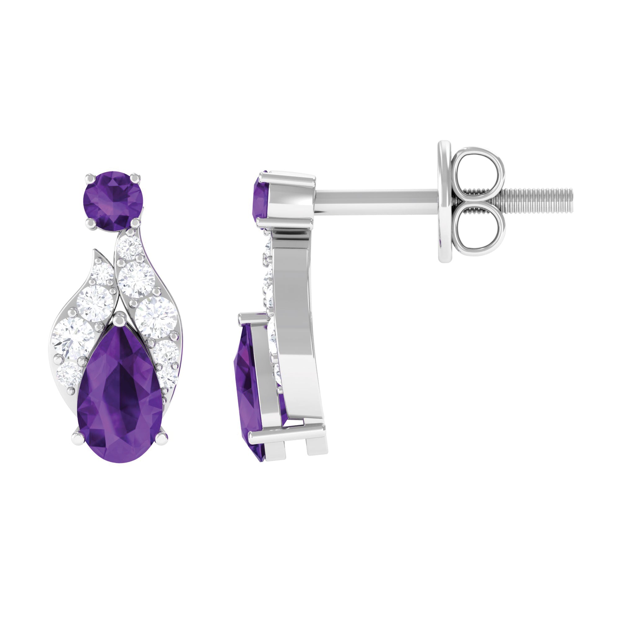 Nature Inspired Amethyst and Diamond Leaf Stud Earrings Amethyst - ( AAA ) - Quality - Rosec Jewels