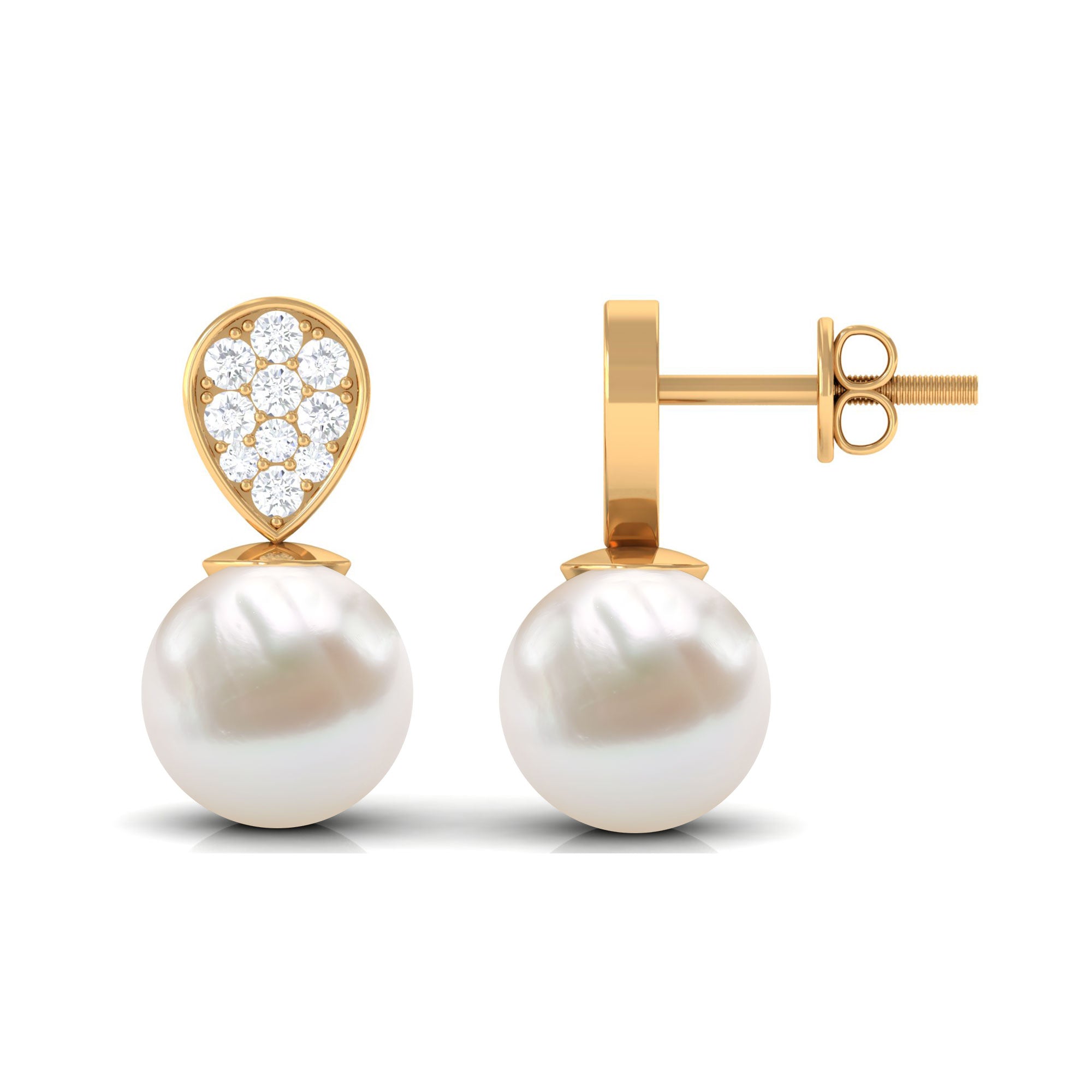 Real Freshwater Pearl and Diamond Minimal Drop Earrings Freshwater Pearl - ( AAA ) - Quality - Rosec Jewels