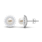 6.25 CT Freshwater Pearl Floral Statement Earrings with Diamond Double Halo Freshwater Pearl - ( AAA ) - Quality - Rosec Jewels