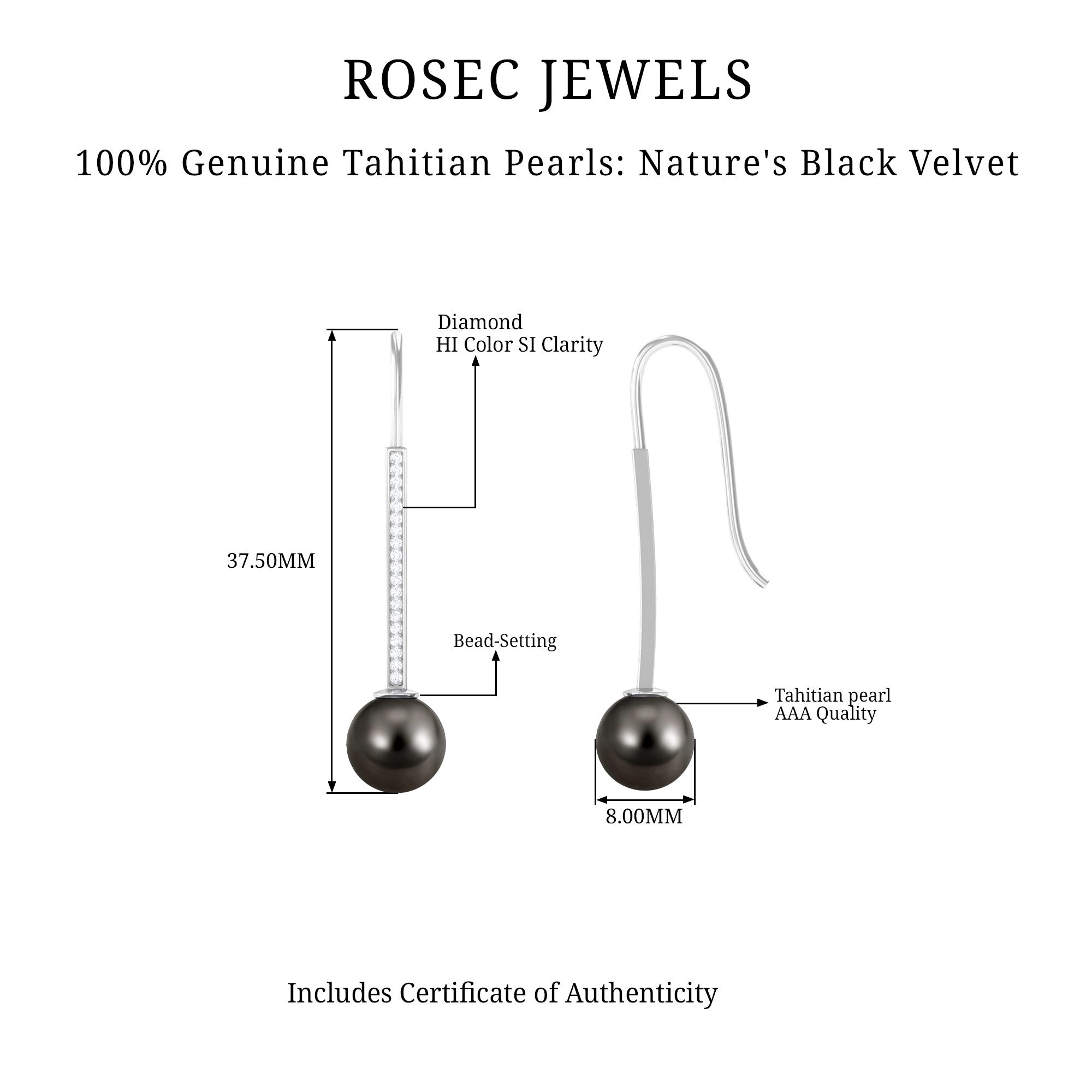 Tahitian Pearl and Diamond Accent Bar Drop Earrings with Fish Hook Backing Tahitian pearl - ( AAA ) - Quality - Rosec Jewels