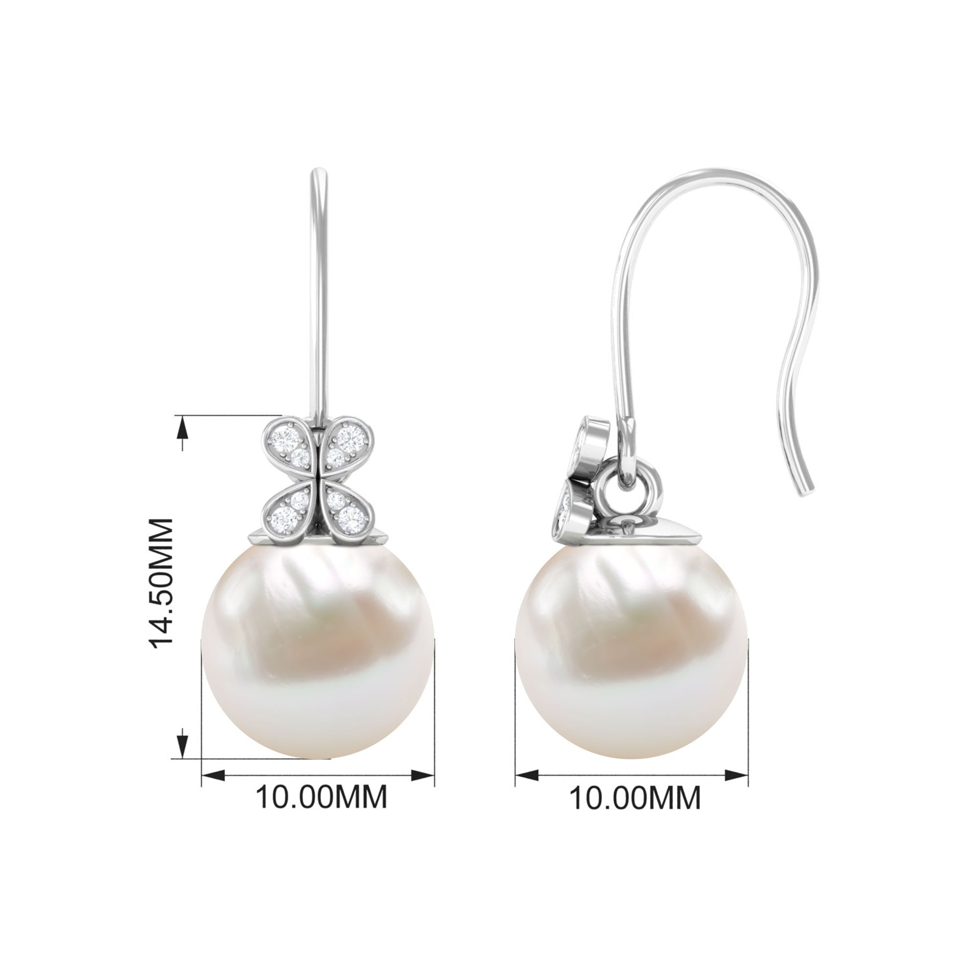 Simple Freshwater Pearl and Diamond Flower Drop Earrings with Fish Hook Freshwater Pearl - ( AAA ) - Quality - Rosec Jewels