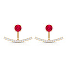 Real Ruby Front Back Earrings with Diamond Ruby - ( AAA ) - Quality - Rosec Jewels