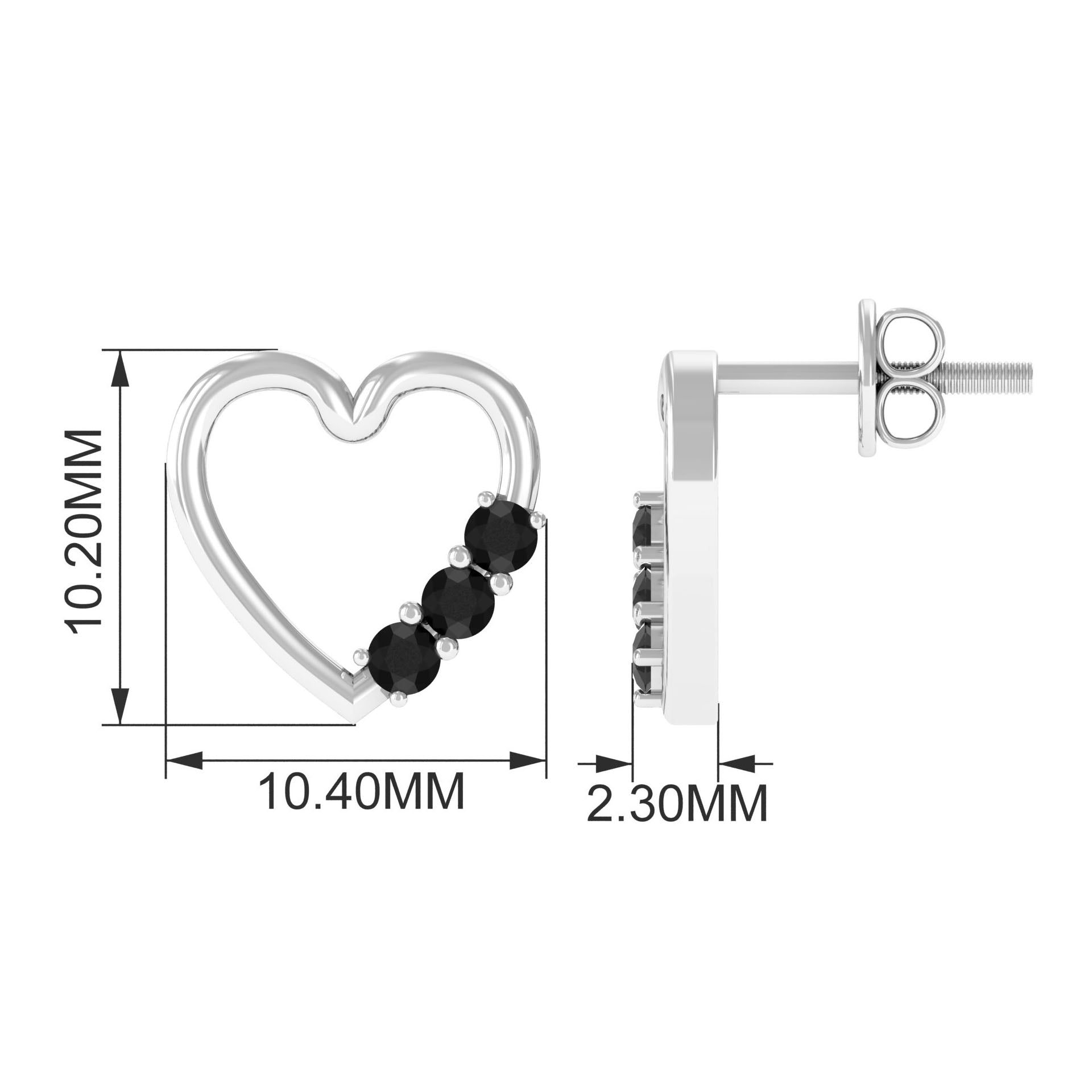 Open Heart Stud Earrings with Three Lab-Created Black Diamond Lab Created Black Diamond - ( AAAA ) - Quality - Rosec Jewels