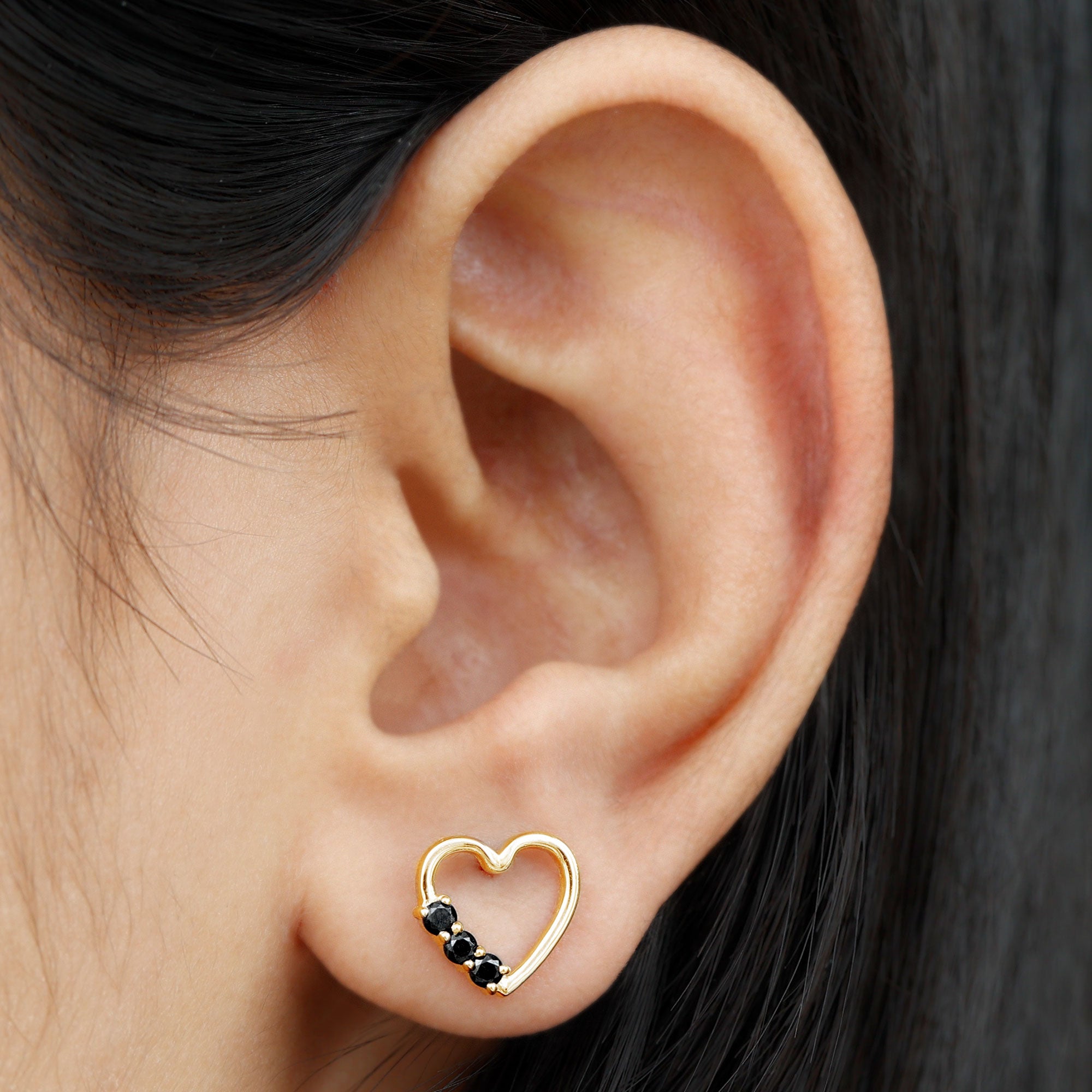 Open Heart Stud Earrings with Three Lab-Created Black Diamond Lab Created Black Diamond - ( AAAA ) - Quality - Rosec Jewels