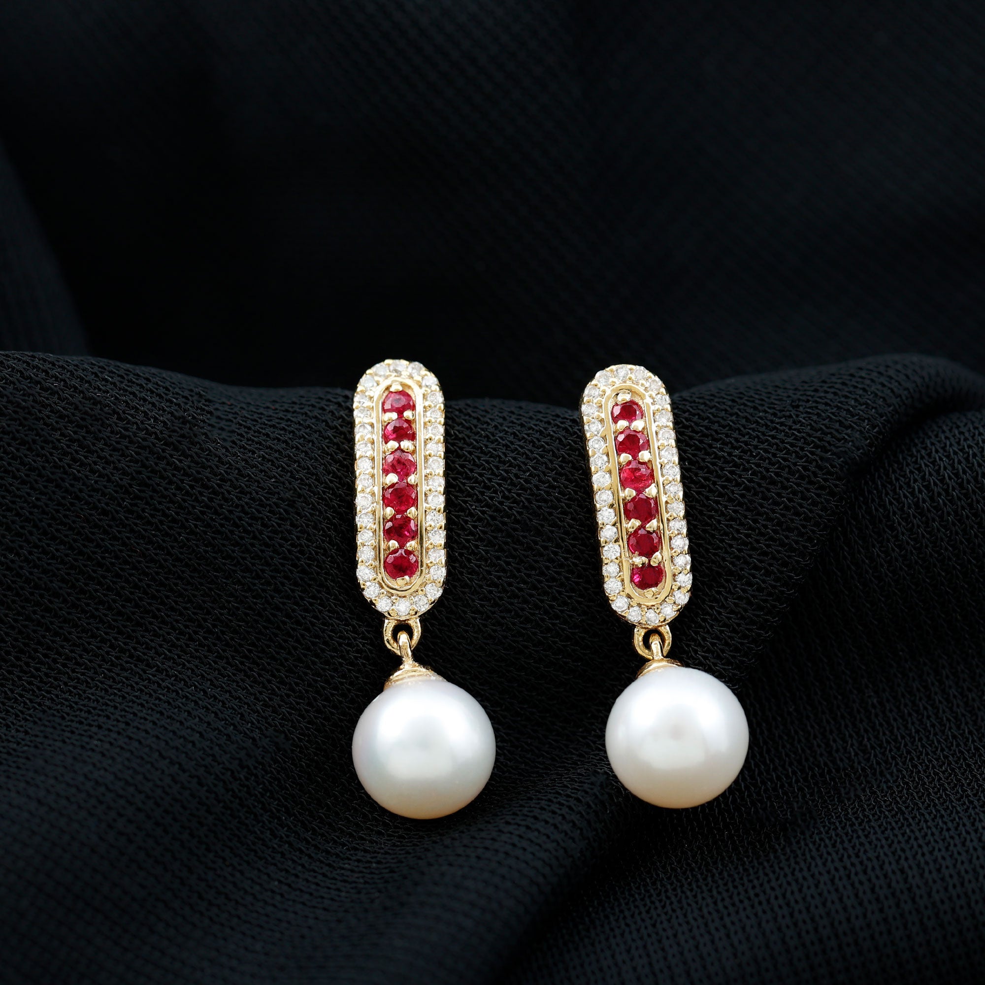 15.50 CT Freshwater Pearl Drop Earrings with Ruby and Moissanite Freshwater Pearl - ( AAA ) - Quality - Rosec Jewels