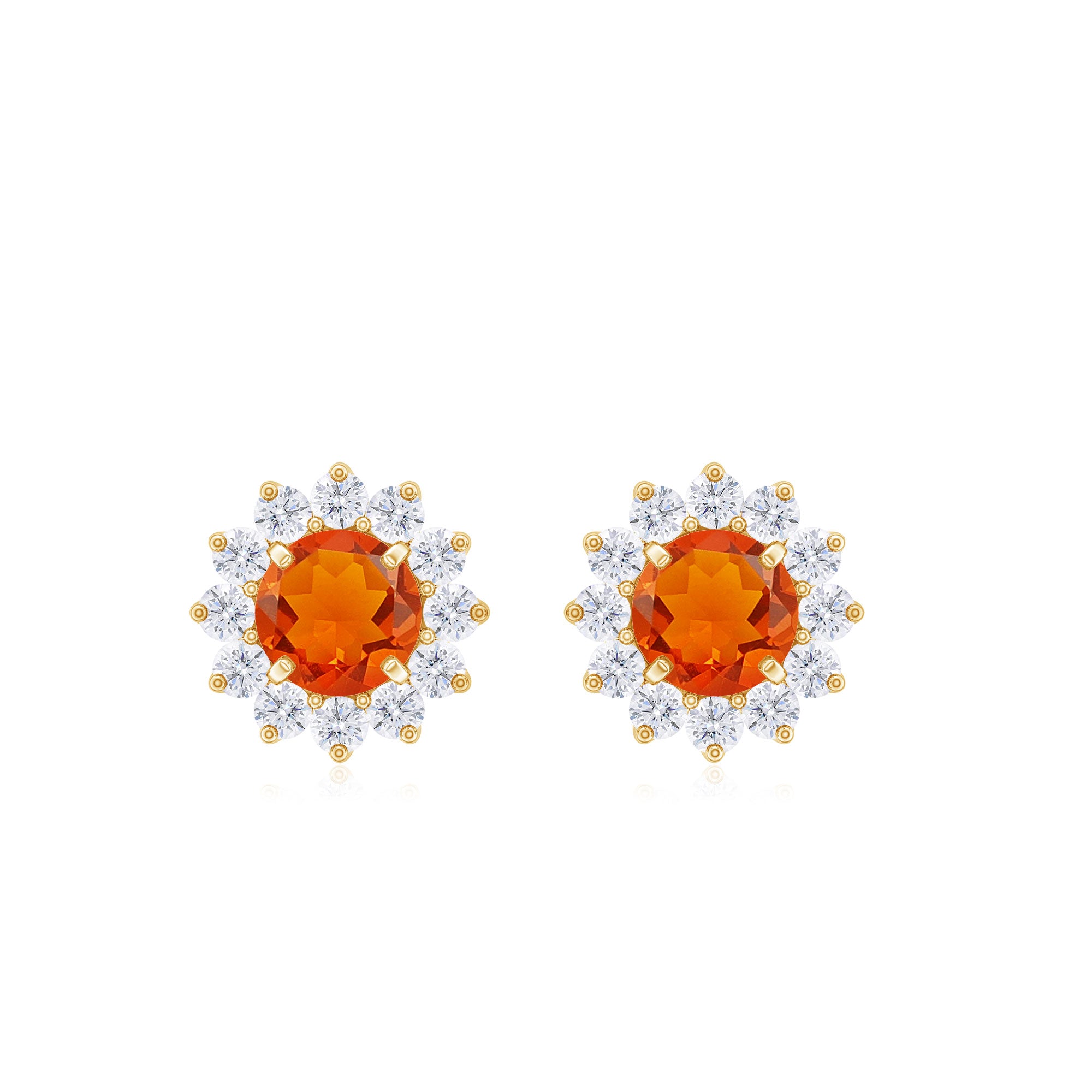 Round Fire Opal and Diamond Flower Halo Stud Earrings Fire Opal - ( AAA ) - Quality - Rosec Jewels