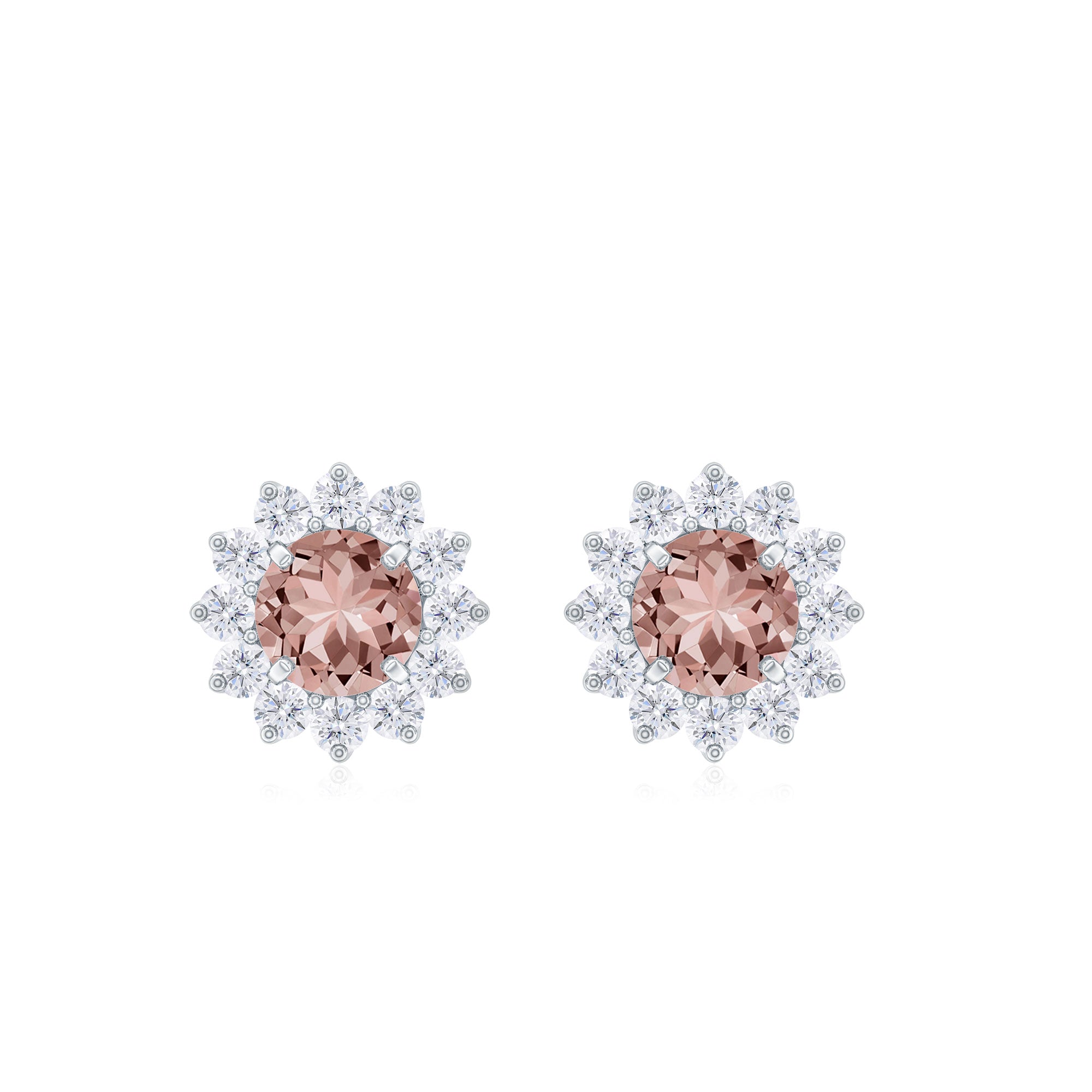 Natural Morganite and Diamond Flower Halo Stud Earrings Morganite - ( AAA ) - Quality - Rosec Jewels