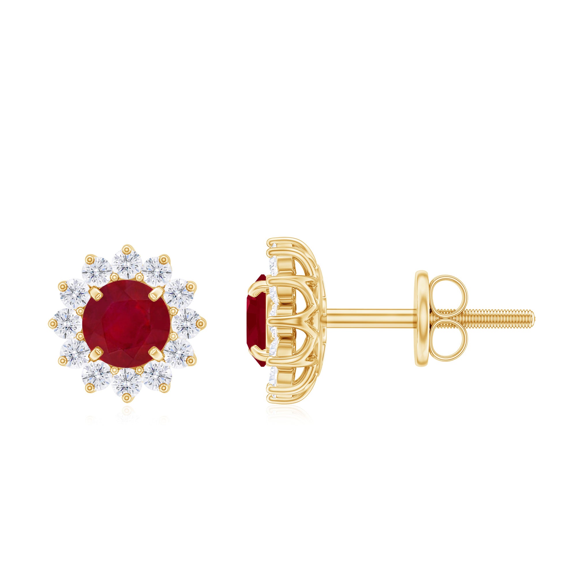 Ruby Flower Stud Earrings with Diamond Halo Ruby - ( AAA ) - Quality - Rosec Jewels