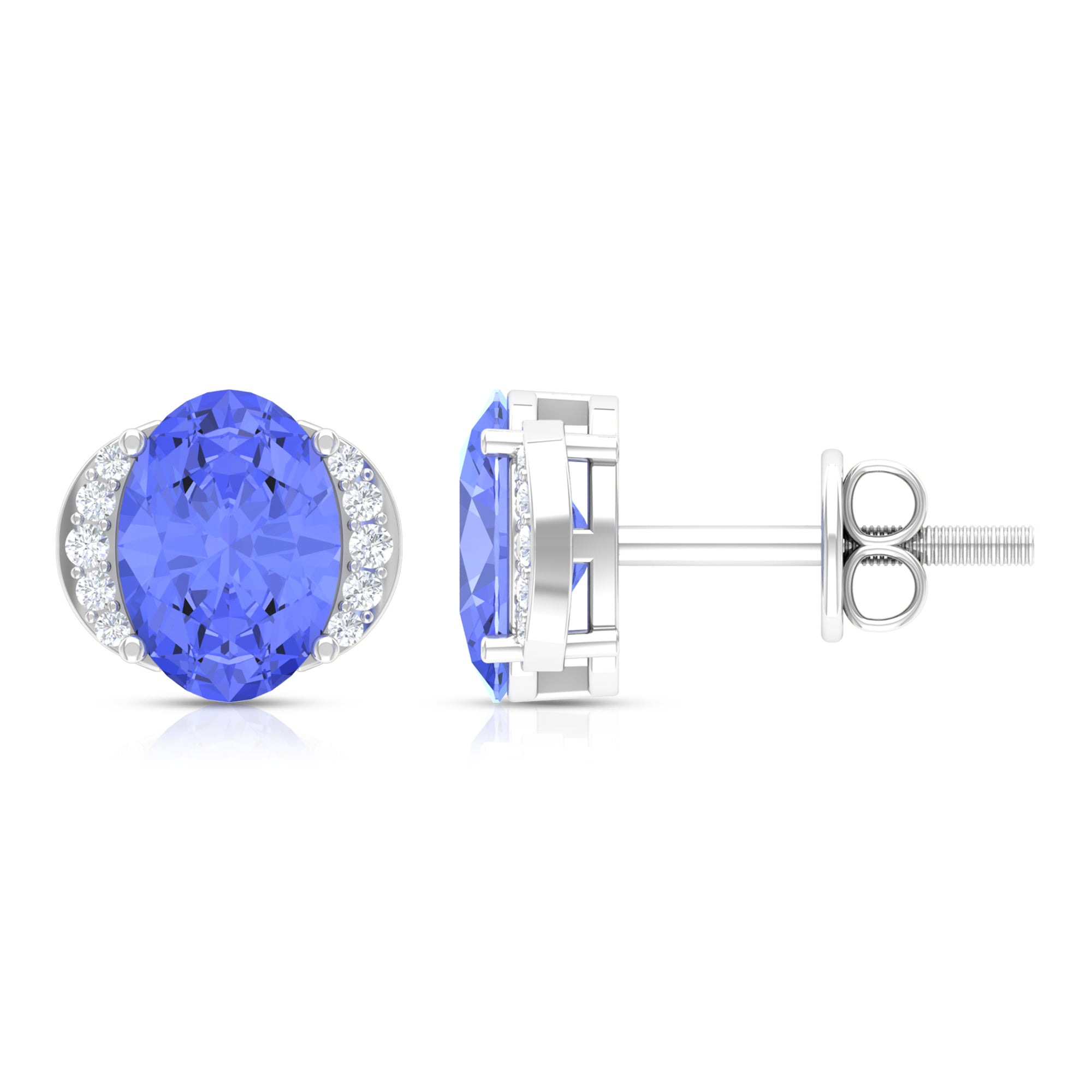 2 CT Oval Tanzanite Stud Earrings with Diamond Accent Tanzanite - ( AAA ) - Quality - Rosec Jewels