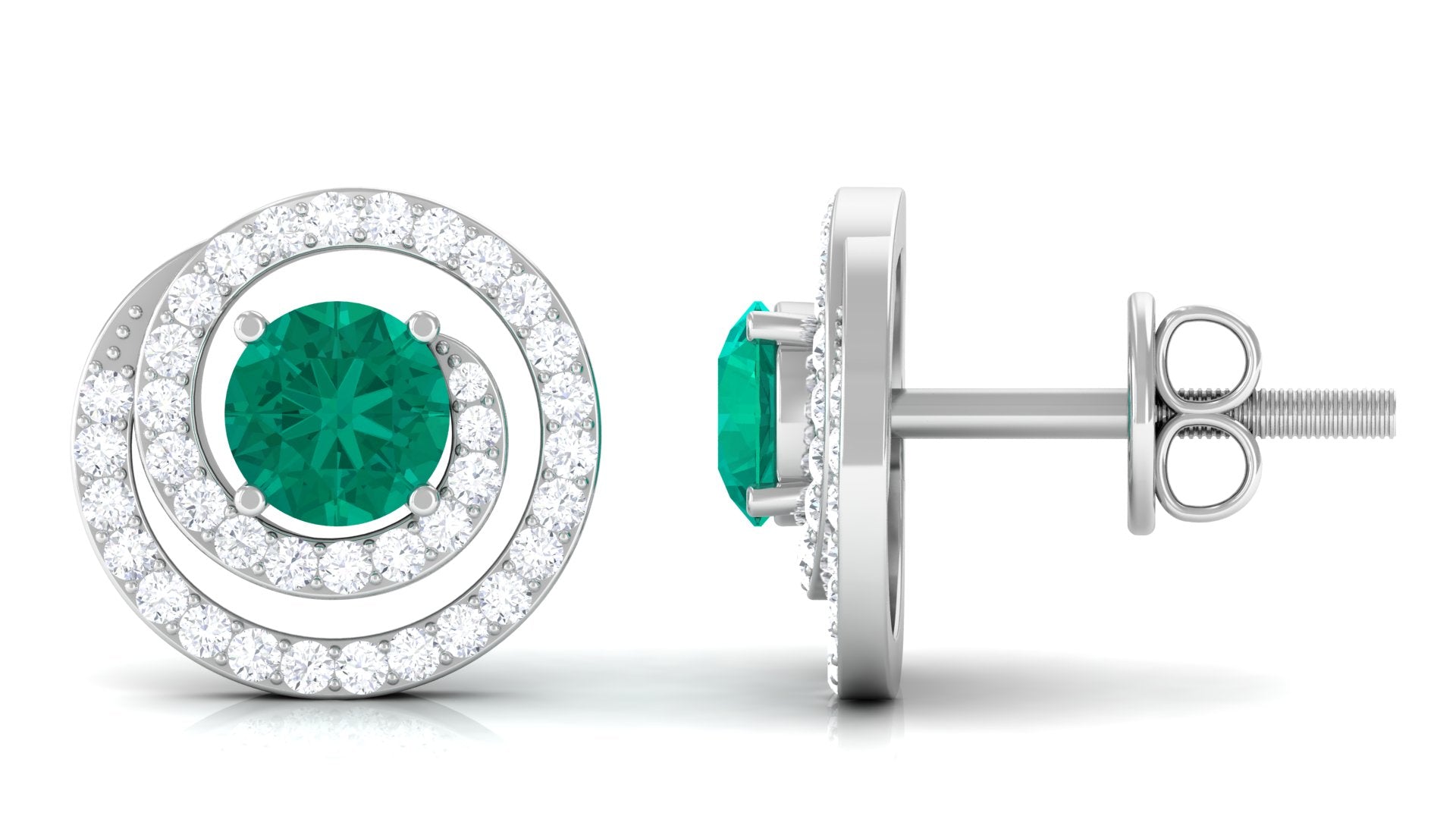 Emerald Stud Earrings with Diamond Emerald - ( AAA ) - Quality - Rosec Jewels