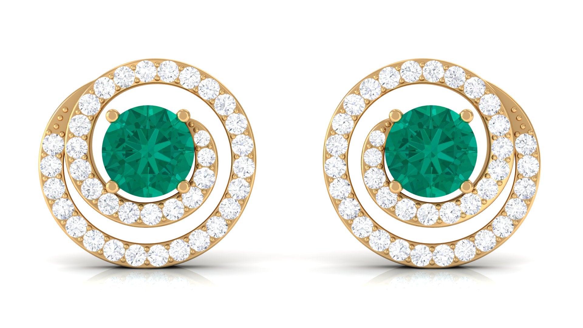 Emerald Stud Earrings with Diamond Emerald - ( AAA ) - Quality - Rosec Jewels