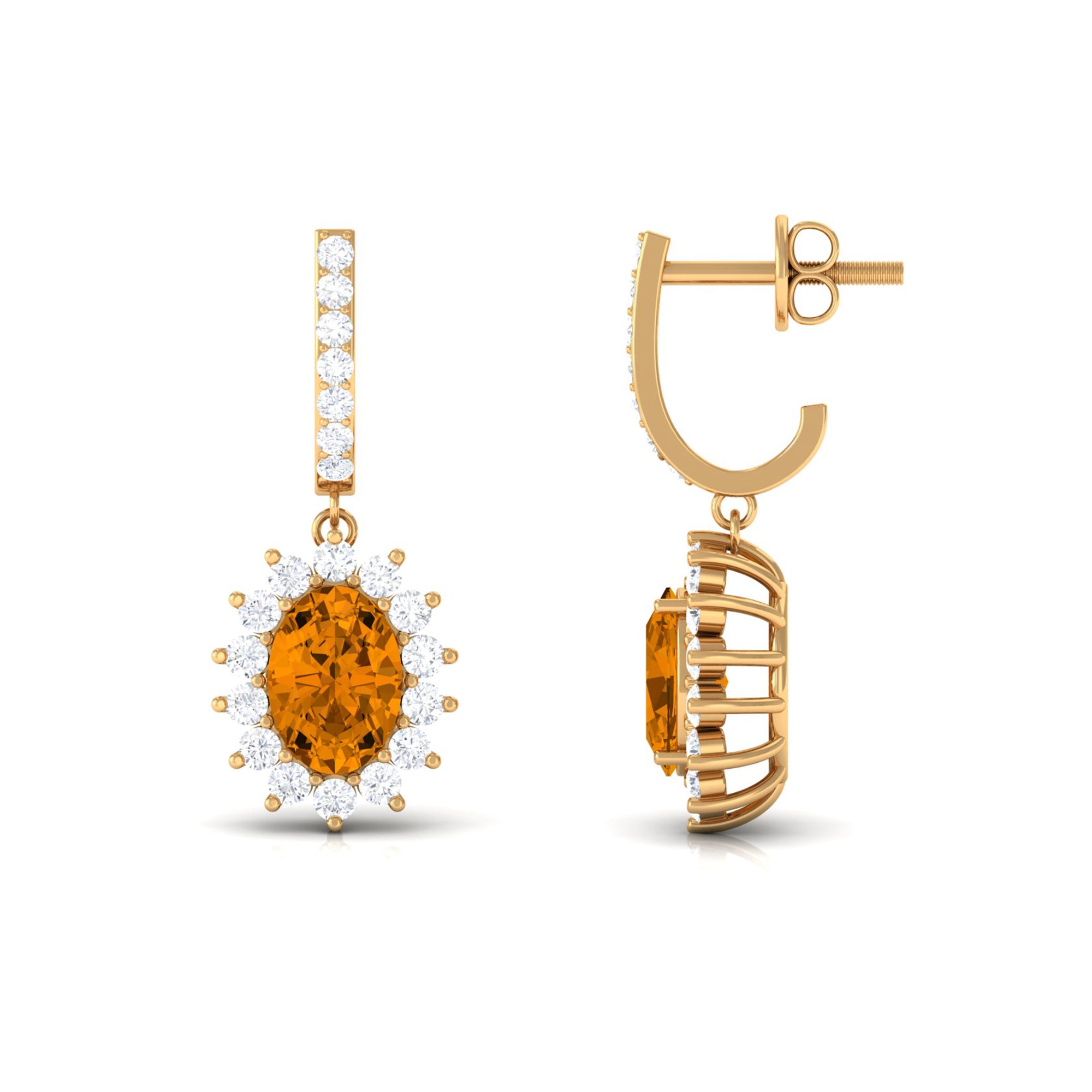 Citrine and Moissanite Sunburst J Hoop Drop Earrings Citrine - ( AAA ) - Quality - Rosec Jewels