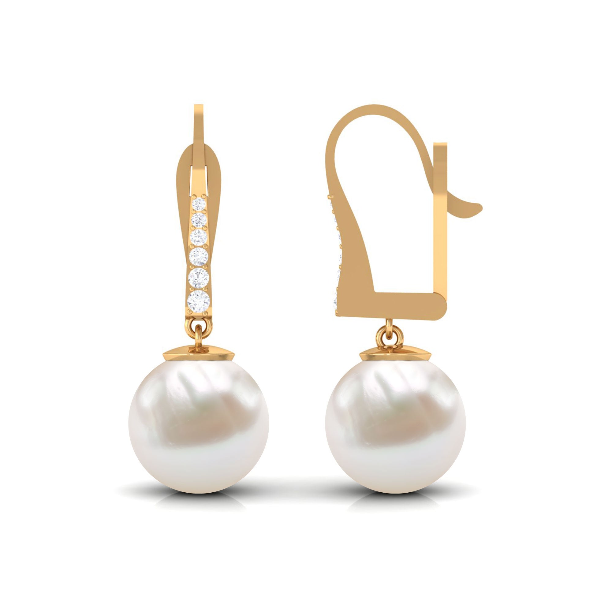 Simple Freshwater Pearl and Diamond Drop Earrings with Lever Back Freshwater Pearl - ( AAA ) - Quality - Rosec Jewels