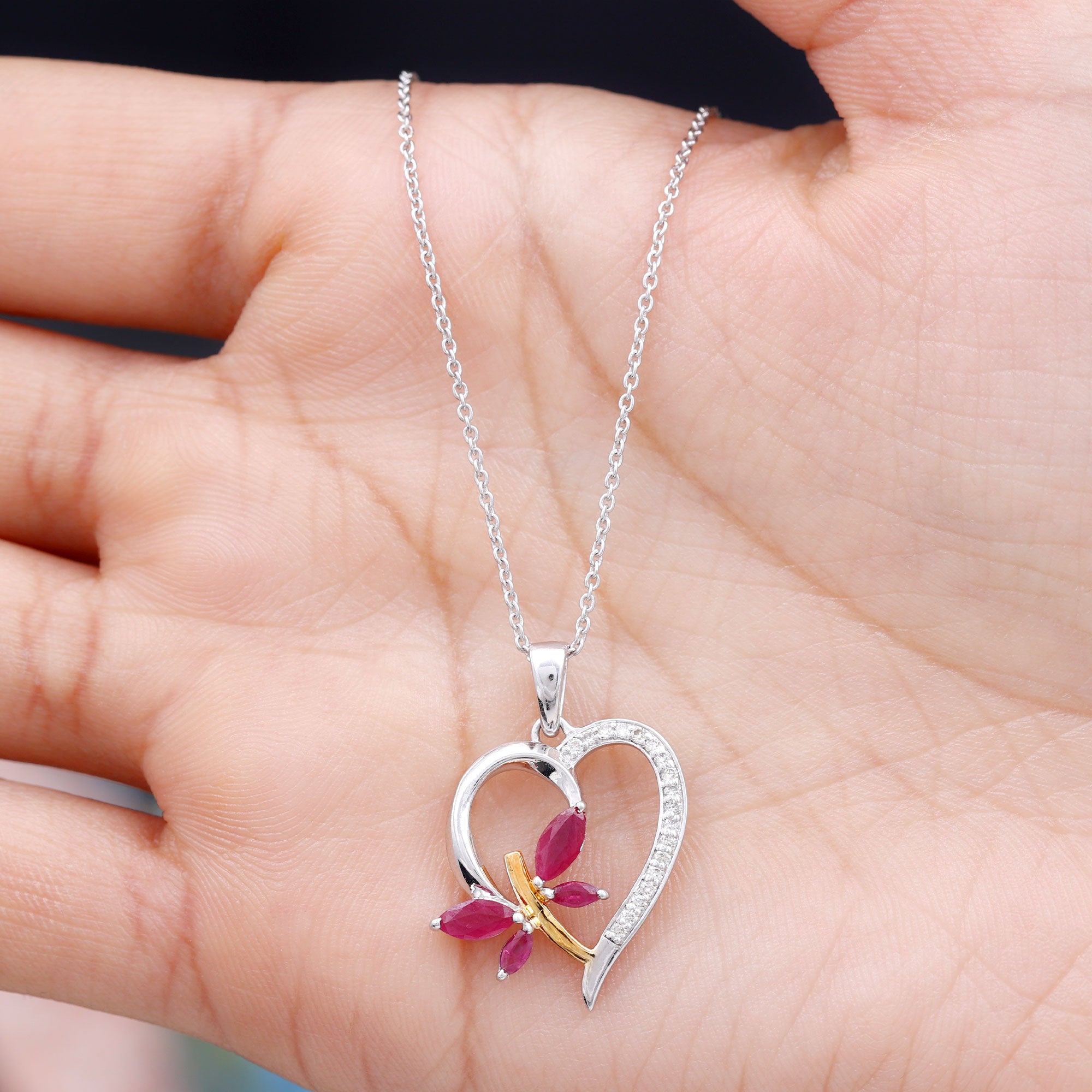 Two Tone Butterfly Heart Pendant with Created Ruby and Diamond Lab Created Ruby - ( AAAA ) - Quality - Rosec Jewels