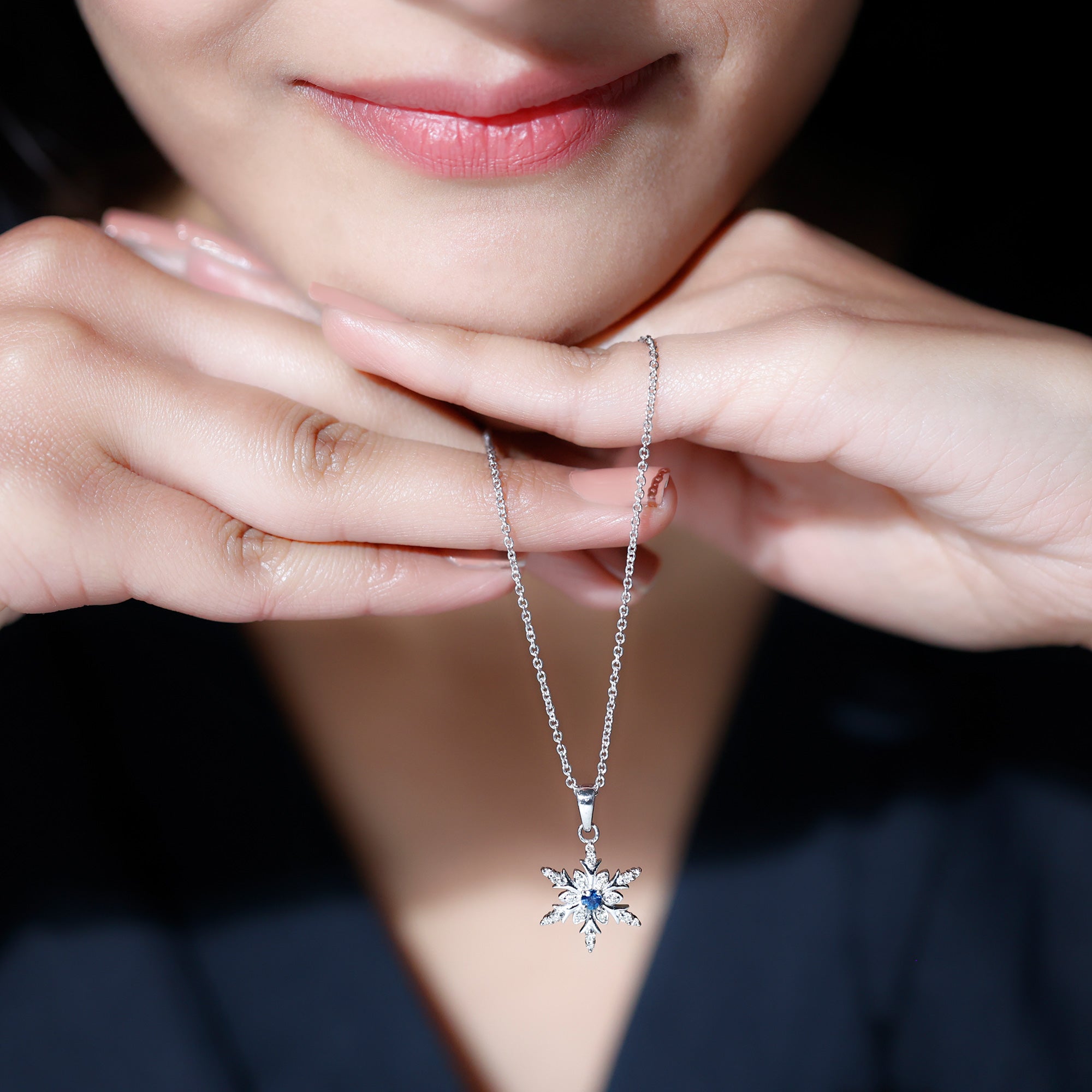 0.5 CT Contemporary Blue Sapphire and Diamond Snowflake Pendant Necklace Blue Sapphire - ( AAA ) - Quality - Rosec Jewels