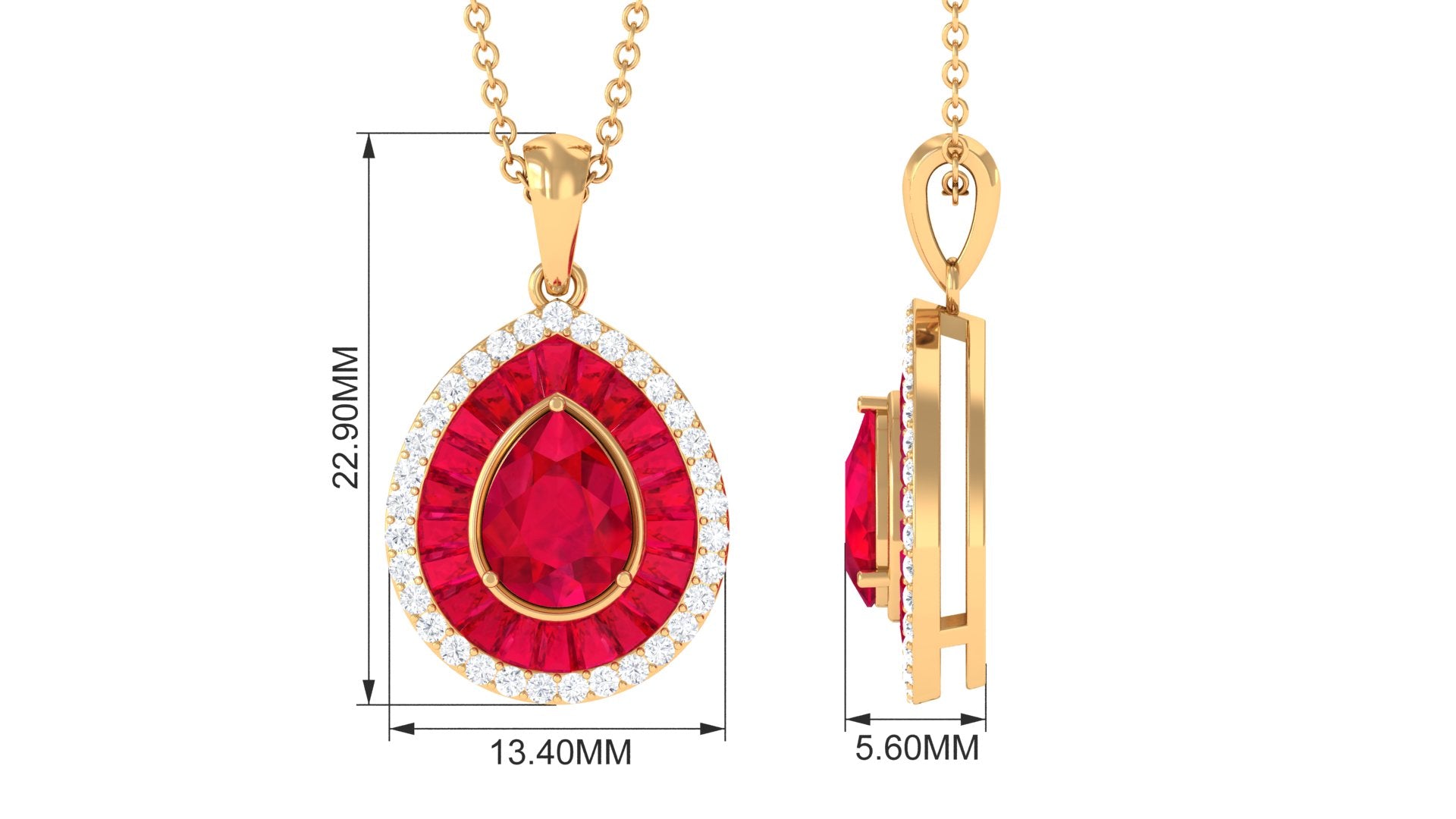 Lab Created Ruby Teardrop Pendant Necklace With Diamond Halo Lab Created Ruby - ( AAAA ) - Quality - Rosec Jewels