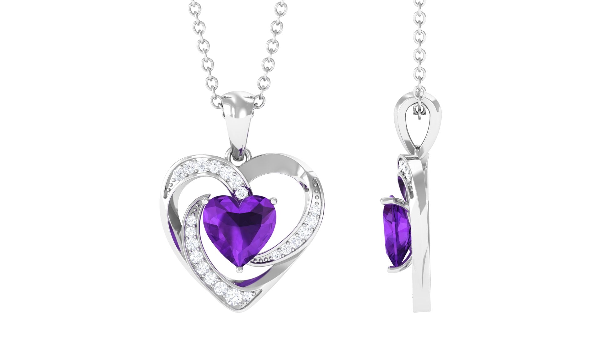 1 CT Solitaire Amethyst and Diamond Heart Pendant Necklace Amethyst - ( AAA ) - Quality - Rosec Jewels