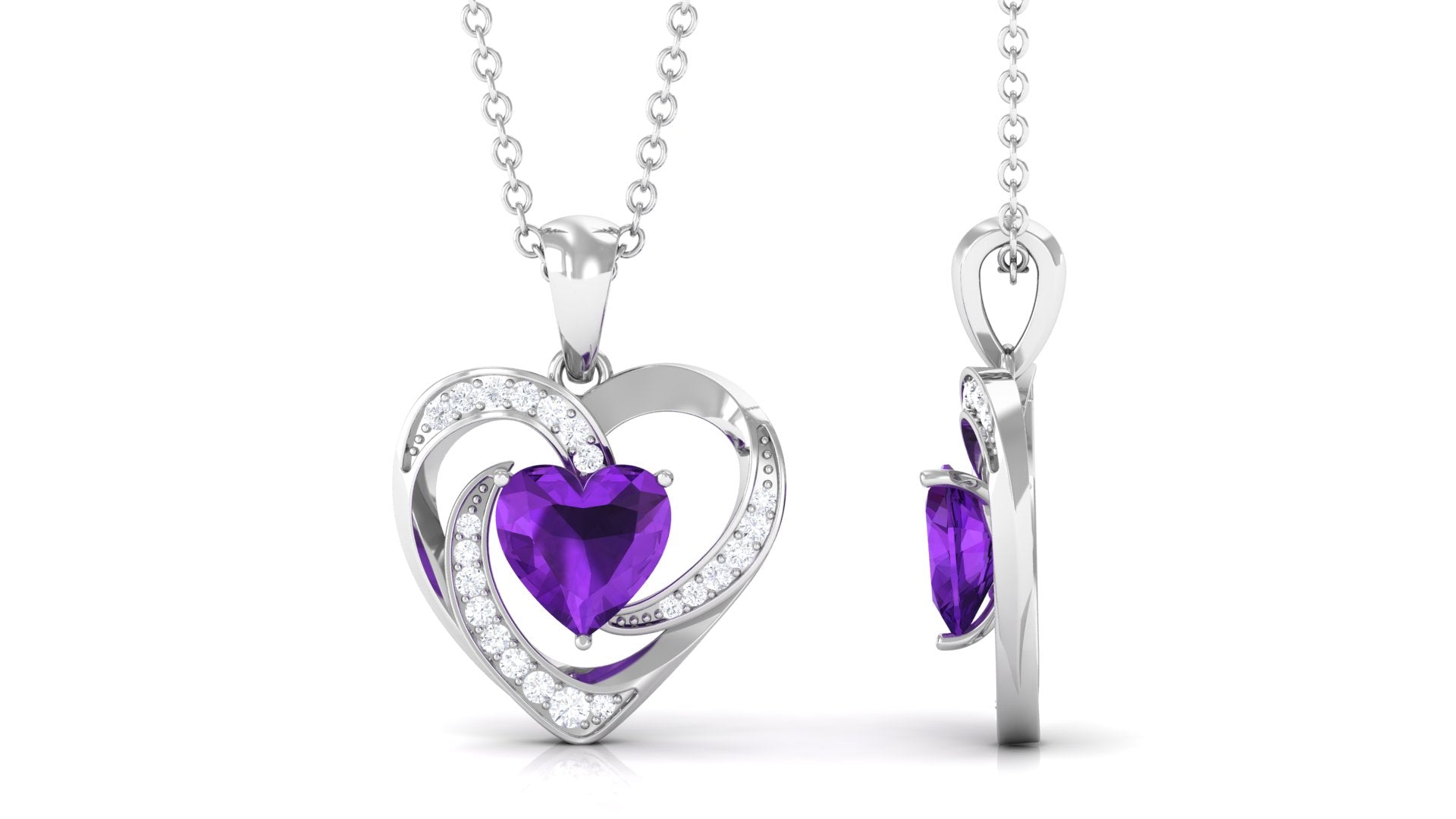 1 CT Solitaire Amethyst and Diamond Heart Pendant Necklace Amethyst - ( AAA ) - Quality - Rosec Jewels