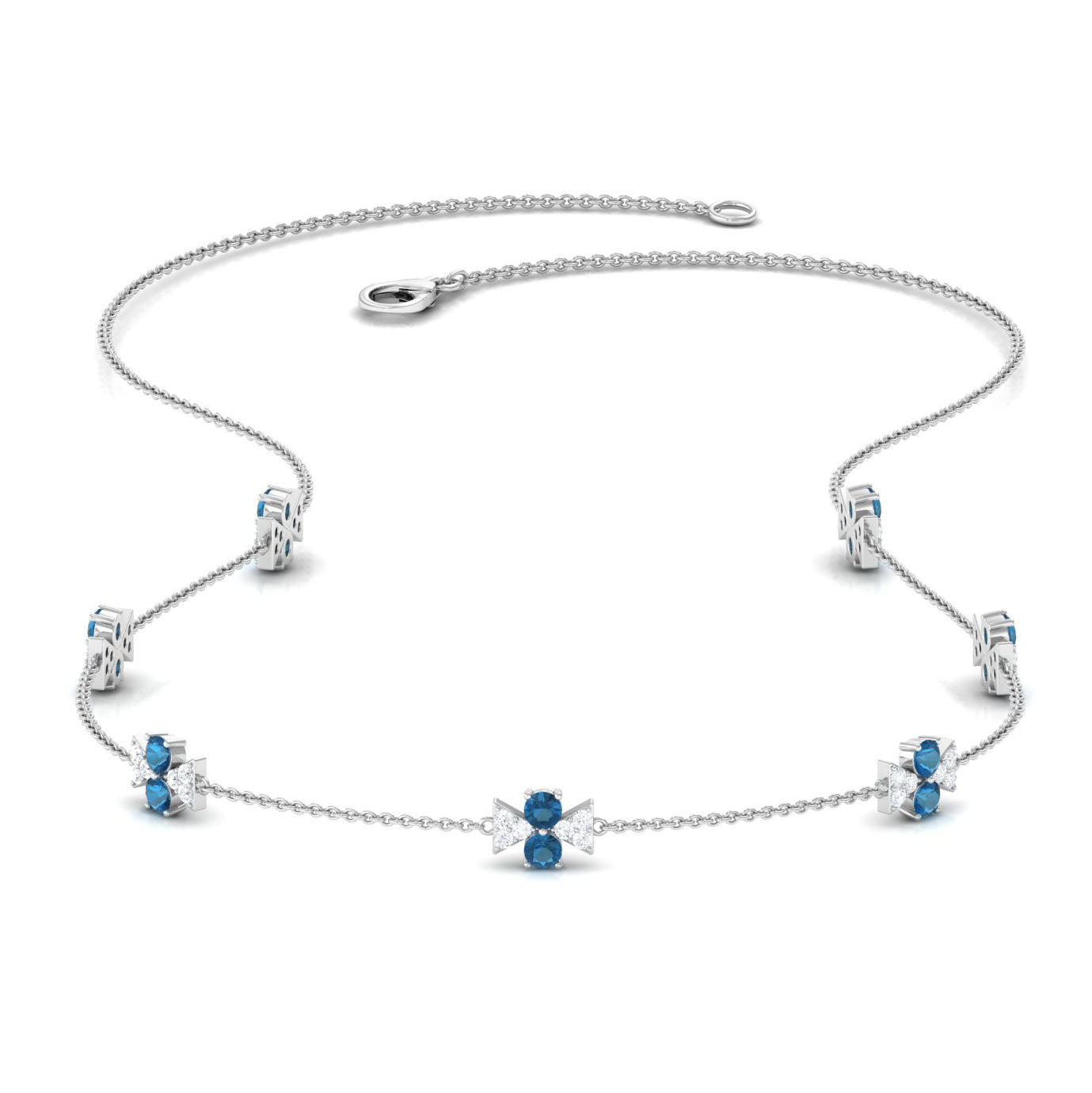 London Blue Topaz Station Chain Necklace with Moissanite London Blue Topaz - ( AAA ) - Quality - Rosec Jewels