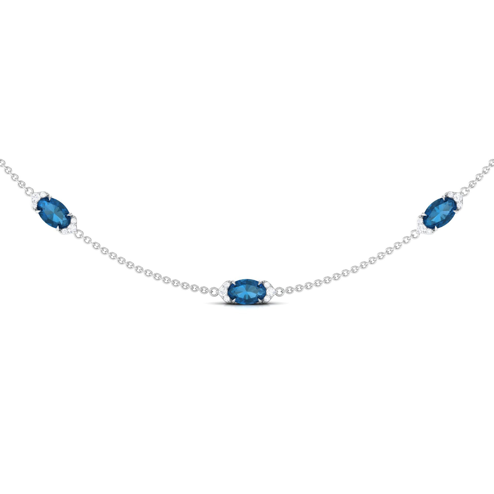 Real London Blue Topaz Station Chain Necklace with Diamond London Blue Topaz - ( AAA ) - Quality - Rosec Jewels