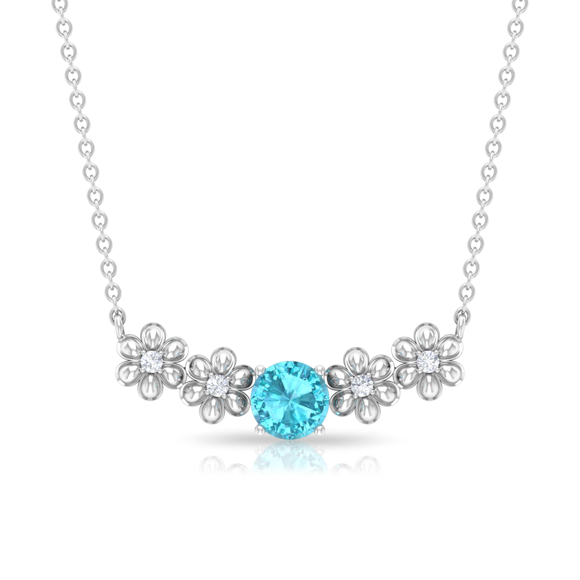 Gold Floral Minimal Necklace with Swiss Blue Topaz and Diamond Swiss Blue Topaz - ( AAA ) - Quality - Rosec Jewels