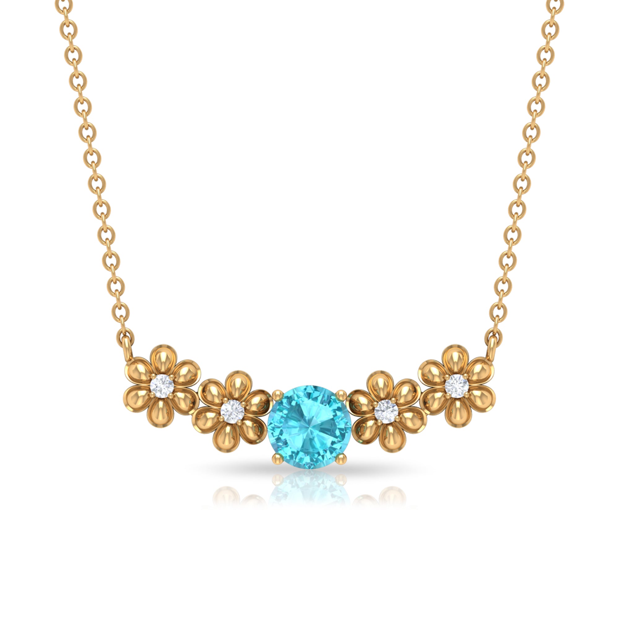 Gold Floral Minimal Necklace with Swiss Blue Topaz and Diamond Swiss Blue Topaz - ( AAA ) - Quality - Rosec Jewels