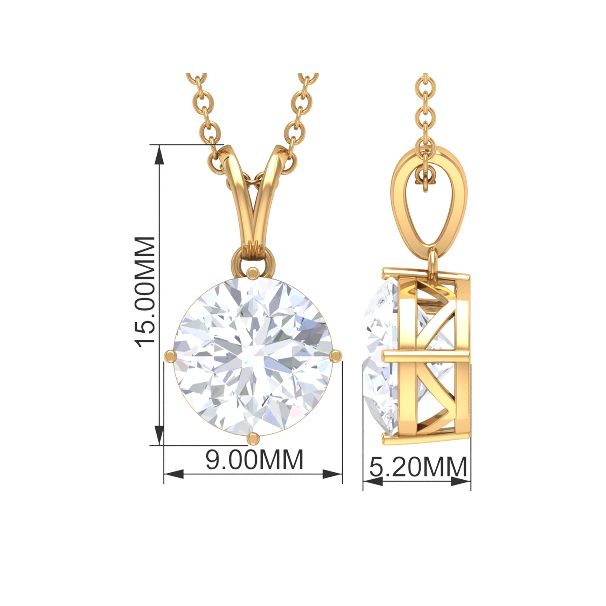 8 MM Round Certified Cubic Zirconia Solitaire Pendant Necklace in Gold Zircon - ( AAAA ) - Quality - Rosec Jewels