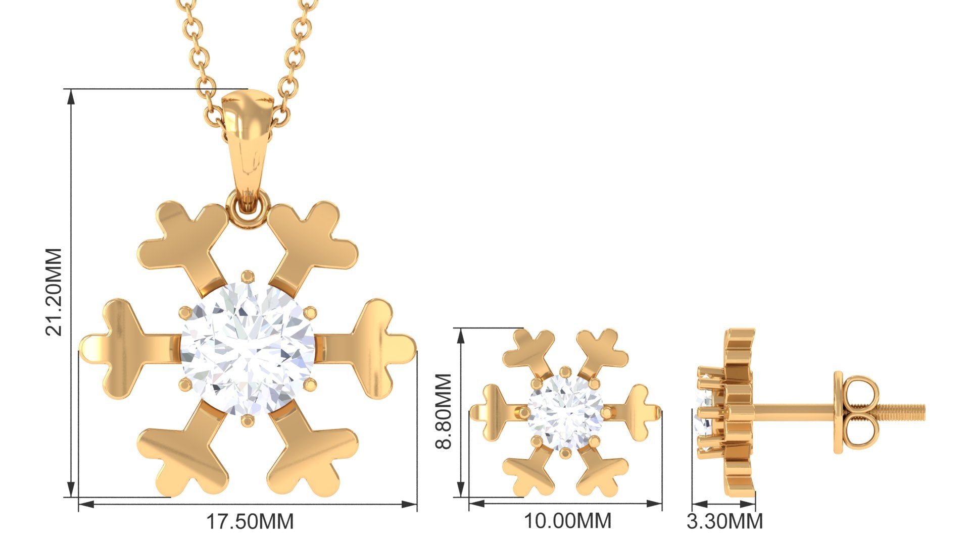 Round Cut Zircon Solitaire Snowflake Pendant Necklace Earrings Set Zircon - ( AAAA ) - Quality - Rosec Jewels