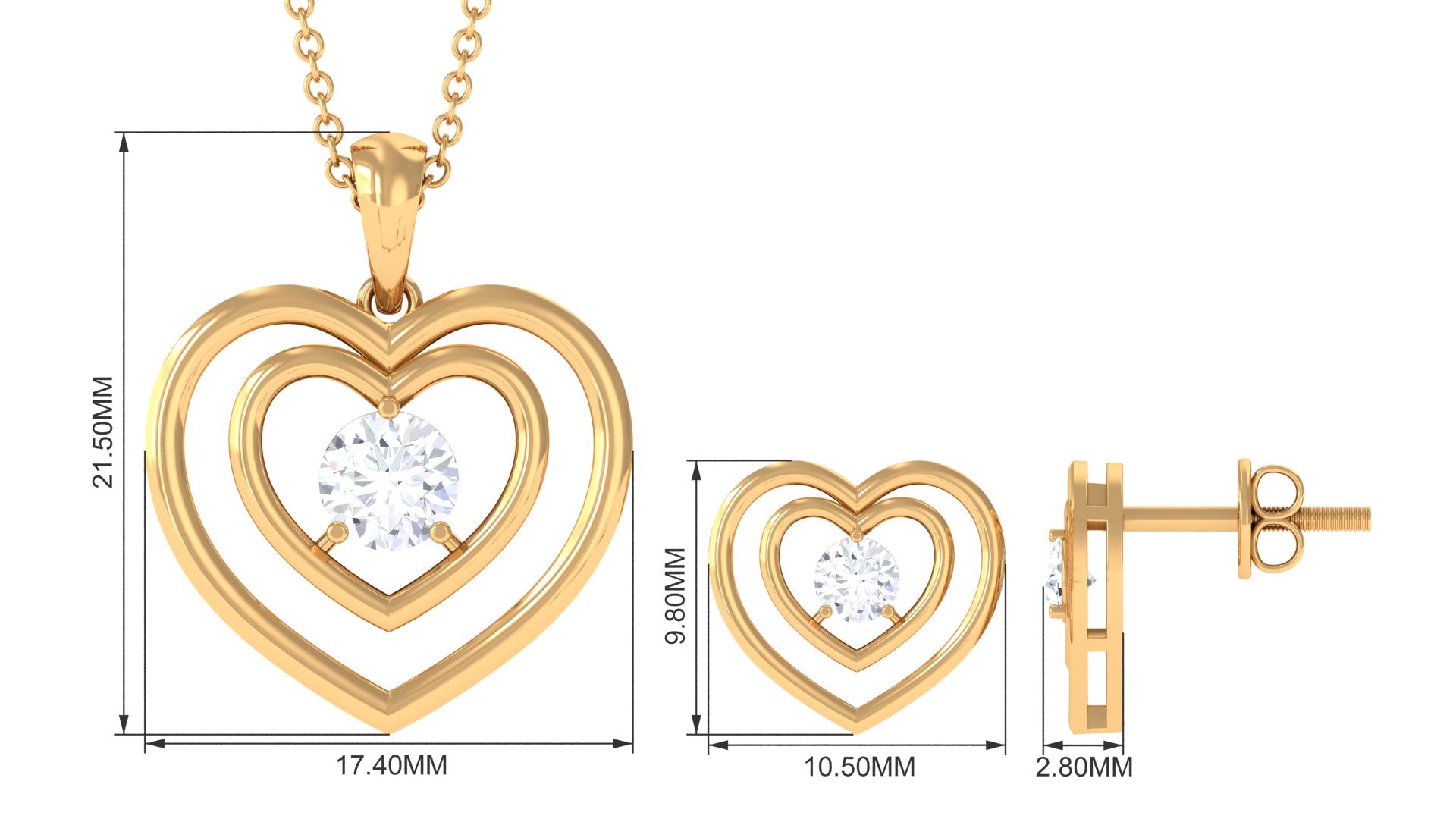 3/4 CT Round Cut Cubic Zirconia Gold Heart Pendant Earrings Set Zircon - ( AAAA ) - Quality - Rosec Jewels