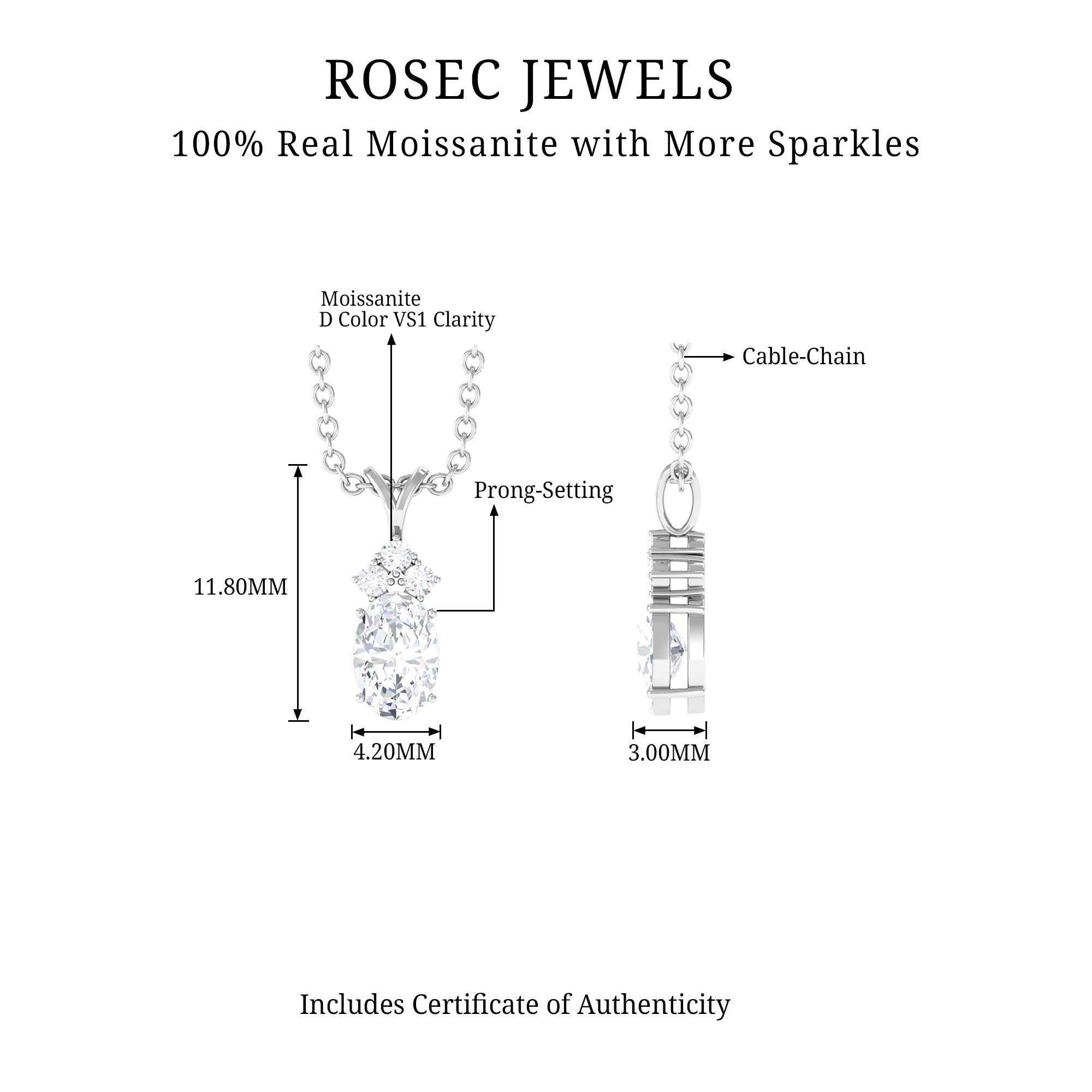 Oval and Round Cut Moissanite Minimal Solitaire Pendant Necklace Moissanite - ( D-VS1 ) - Color and Clarity - Rosec Jewels