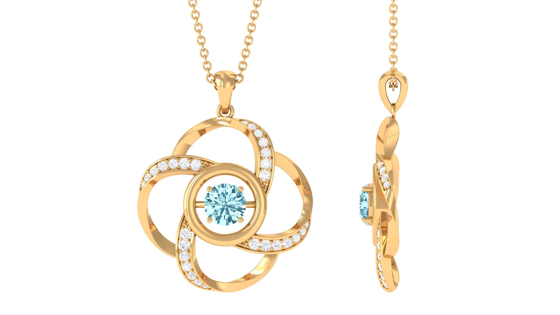 Modern Flower Pendant with Round Aquamarine and Diamond Aquamarine - ( AAA ) - Quality - Rosec Jewels