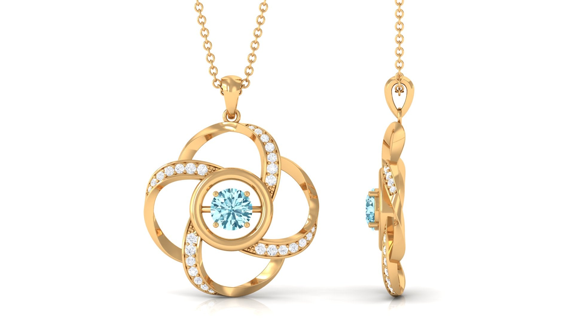 Modern Flower Pendant with Round Aquamarine and Diamond Aquamarine - ( AAA ) - Quality - Rosec Jewels